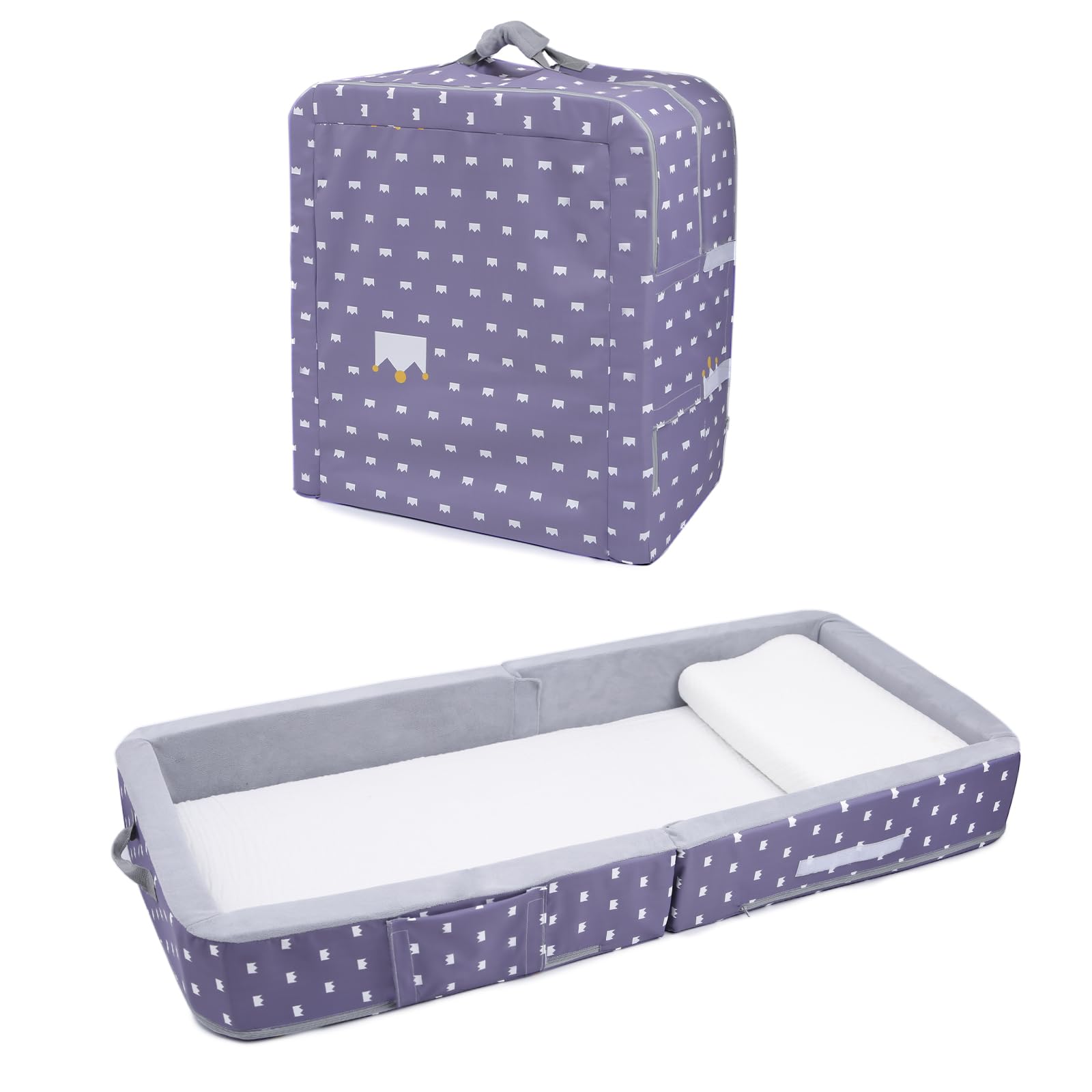 Foldable Toddler Floor Bed with Safety Rails - Portable Travel Cot for Kids - Soft Foam Sleeping Mat (Rectangular, Crown Design) - Perfect for Home, Daycare & Family Trips