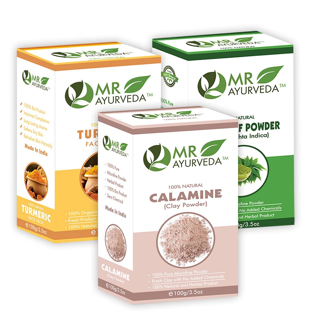 MR Ayurveda Organic Calamine Clay Powder, Turmeric Face Mask Powder & Neem Powder - 3-in-1 Skincare Set (100g Each) for Acne Treatment, Oil Control & Glowing Skin - Perfect for DIY Face Masks & Natural Beauty Routine