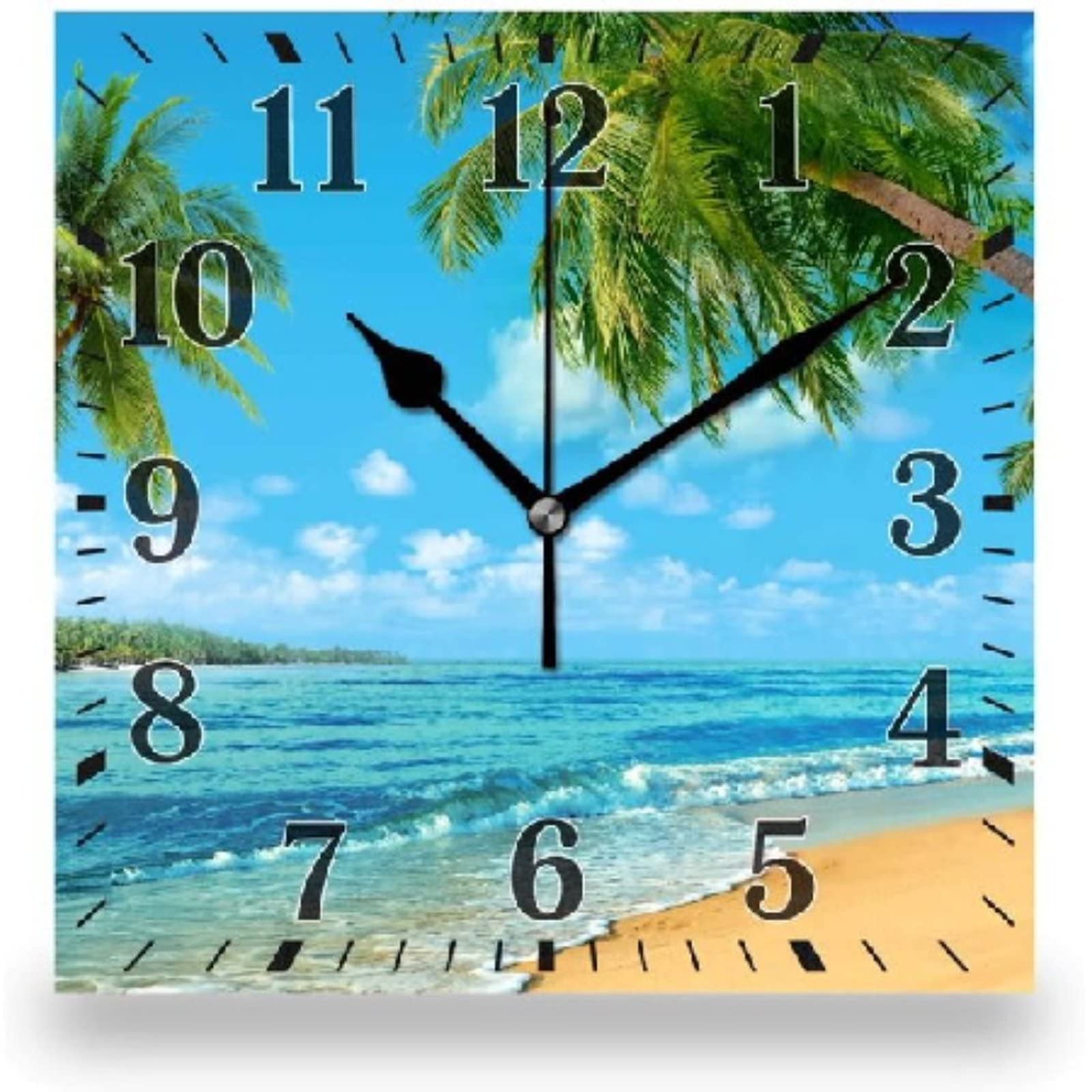 12 Inch Coastal Beach Wall Clock - Silent Non-Ticking Wooden Square Clock with Palm Tree & Hawaiian Tropical Seashore Print | Battery Operated Decorative Clock for Living Room, Kitchen, Bedroom, Office | Perfect Beach House Decor & Tropical Theme Room Accessory