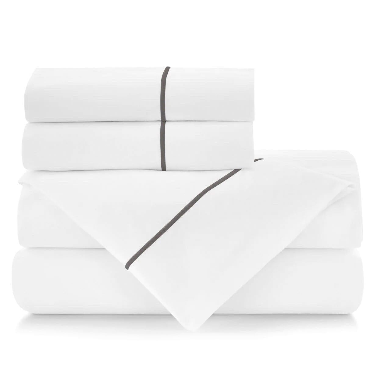 Luxury 100% Cotton Percale Bed Sheet Set - 400 Thread Count King Size with Grey Trim - 6 Piece Hotel Style Bedding (4 Pillowcases + 2 Sheets) for Ultimate Comfort - Perfect for Master Bedroom, Guest Room & Airbnb Stays