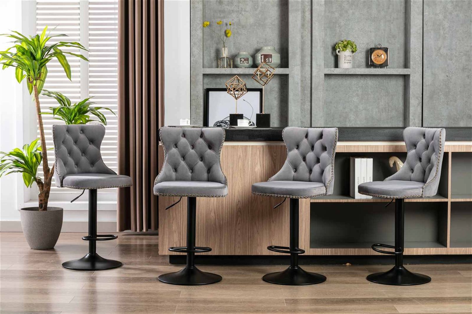 Adjustable Height Swivel Bar Stools with Footrest - Velvet Upholstered & Nailhead Trim - Perfect for Kitchen Islands, Home Bars & Dining Counter Seating