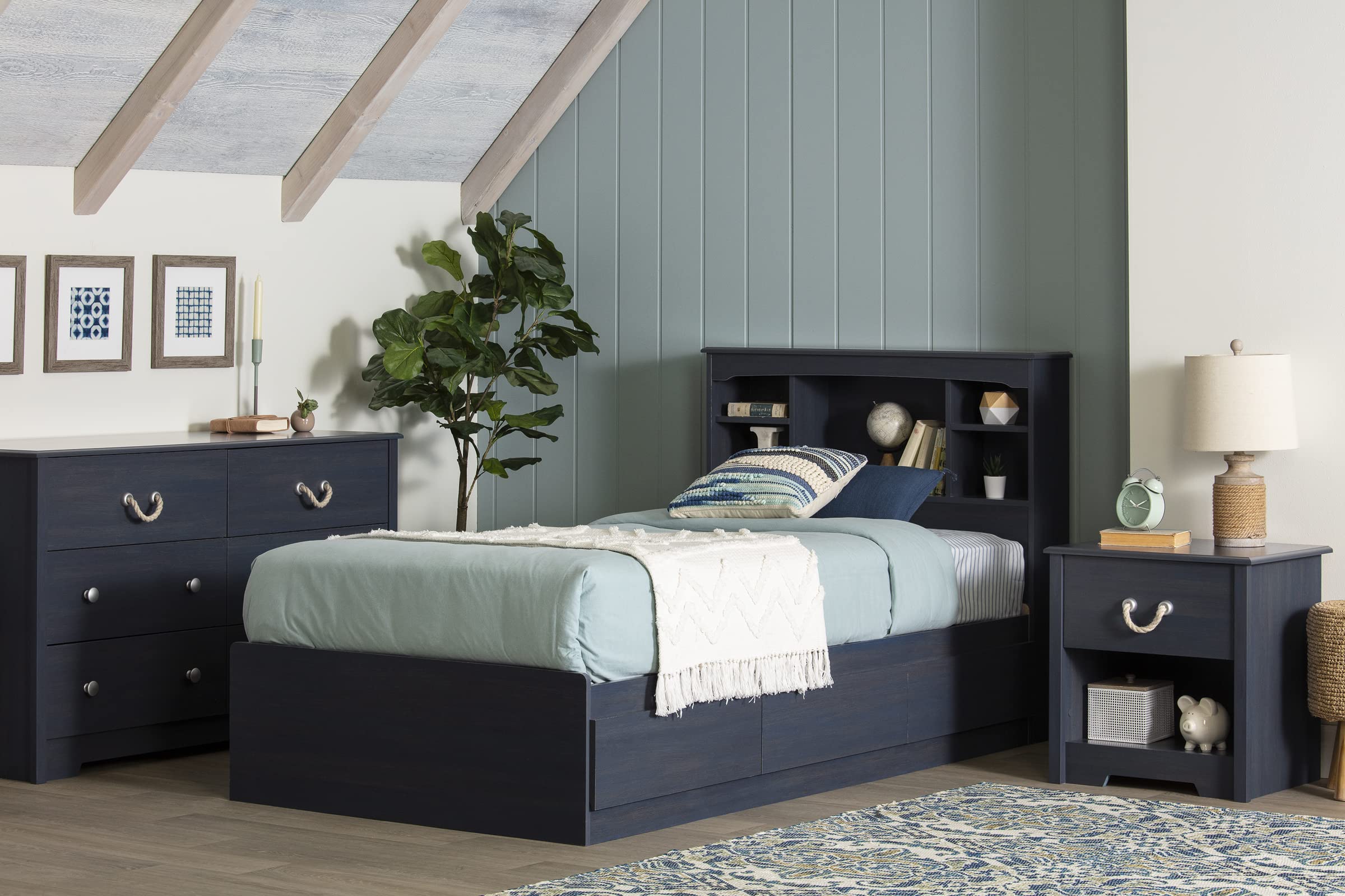 South Shore Aviron Mates Twin Size Bed Frame with 3 Storage Drawers, 39-Inch, Blueberry Finish - Perfect for Kids' Bedrooms, Guest Rooms & Small Spaces