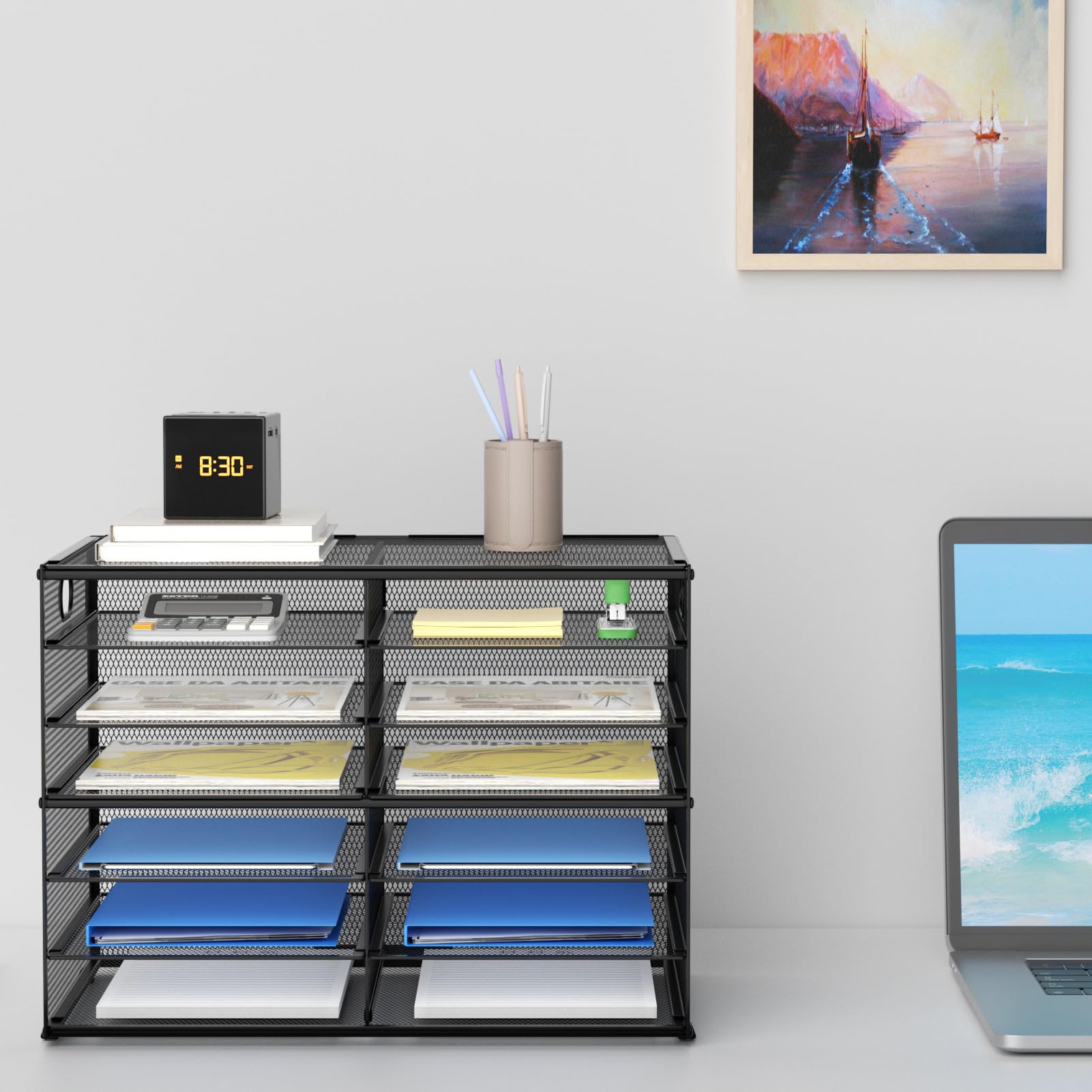 Lavatino 12 Compartment Mesh Desk Organizer - Black Paper & Mail Sorter Tray with Handle for Office, Classroom, or Home - Perfect for Organizing Documents, Letters, and Office Supplies on Your Desk