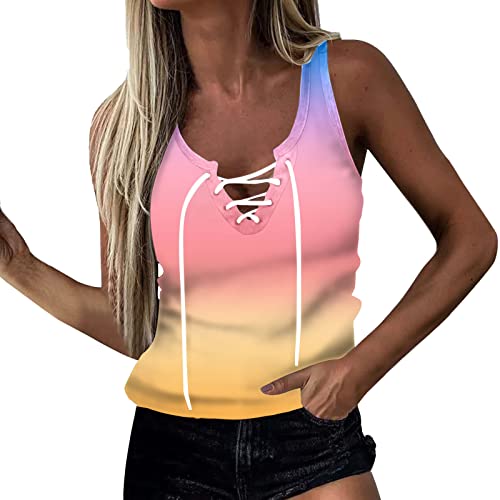 Women's Casual Sleeveless V-Neck Tie-Front Fitted Tank Top - Gradient Print Summer Camisole (Pink, XXL) | Perfect for Beach Outings, Yoga, and Everyday Wear