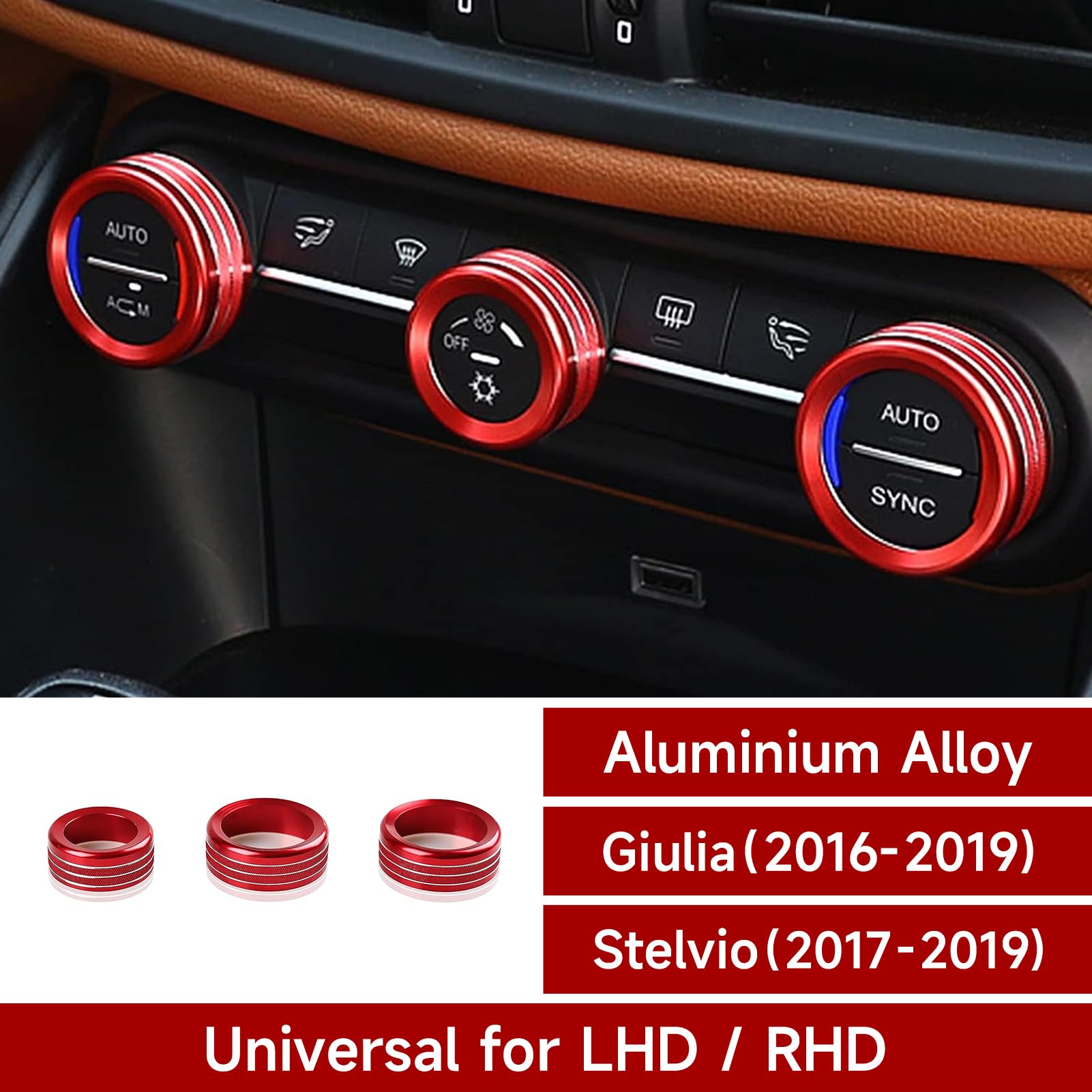 3PCS Car AC Knob Trim & Audio Cover Decorative Rings - Compatible with Alfa Romeo Giulia & Stelvio 2016-2019 Models - Interior Upgrade Accessories for Enhanced Dashboard Style - Perfect for Car Enthusiasts & Customization Lovers