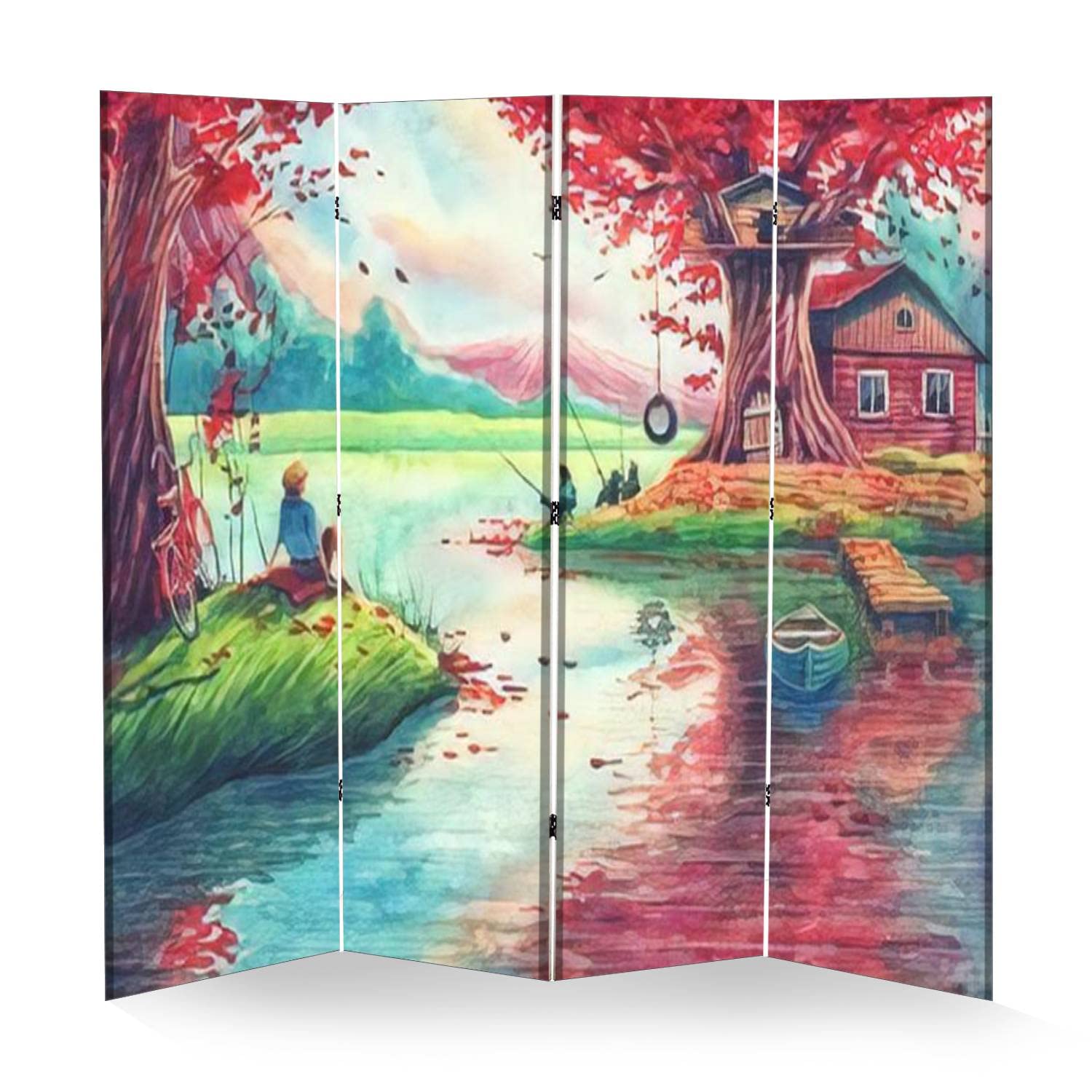 4 Panel Folding Room Divider - Watercolor Landscape Painting with Pink Trees & Lake - Freestanding Privacy Screen for Home Office, Bedroom, Dorm - Portable Wall Separator & Protective Divider for Indoor Spaces