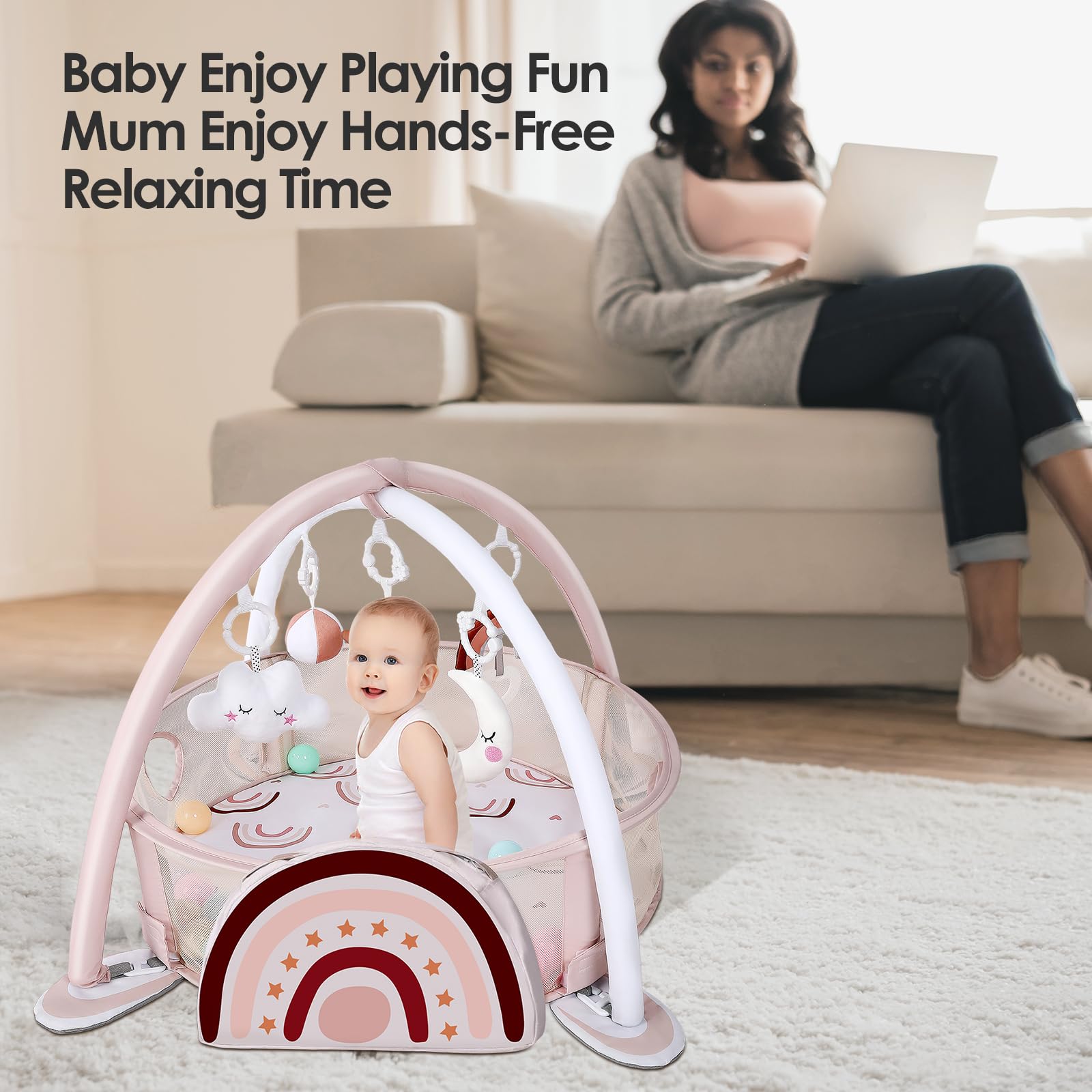 4-in-1 Baby Play Mat with Gym & 30 Balls - Tummy Time Activity for Newborns & Toddlers - Rainbow Gift Set