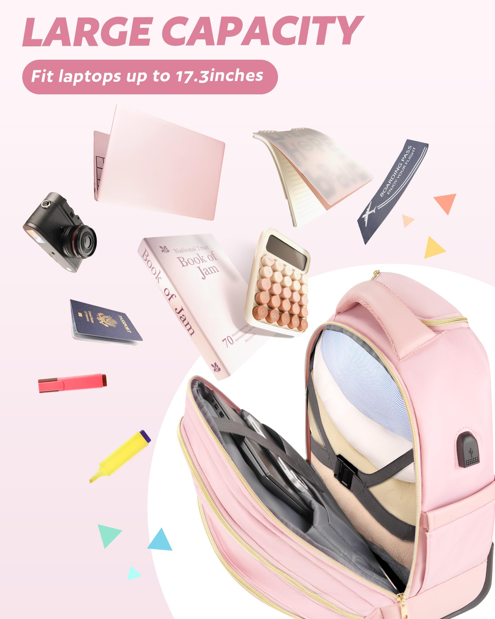 40L Rolling Backpack for Women - Pink Gold Wheeled Carry-On Luggage for Travel