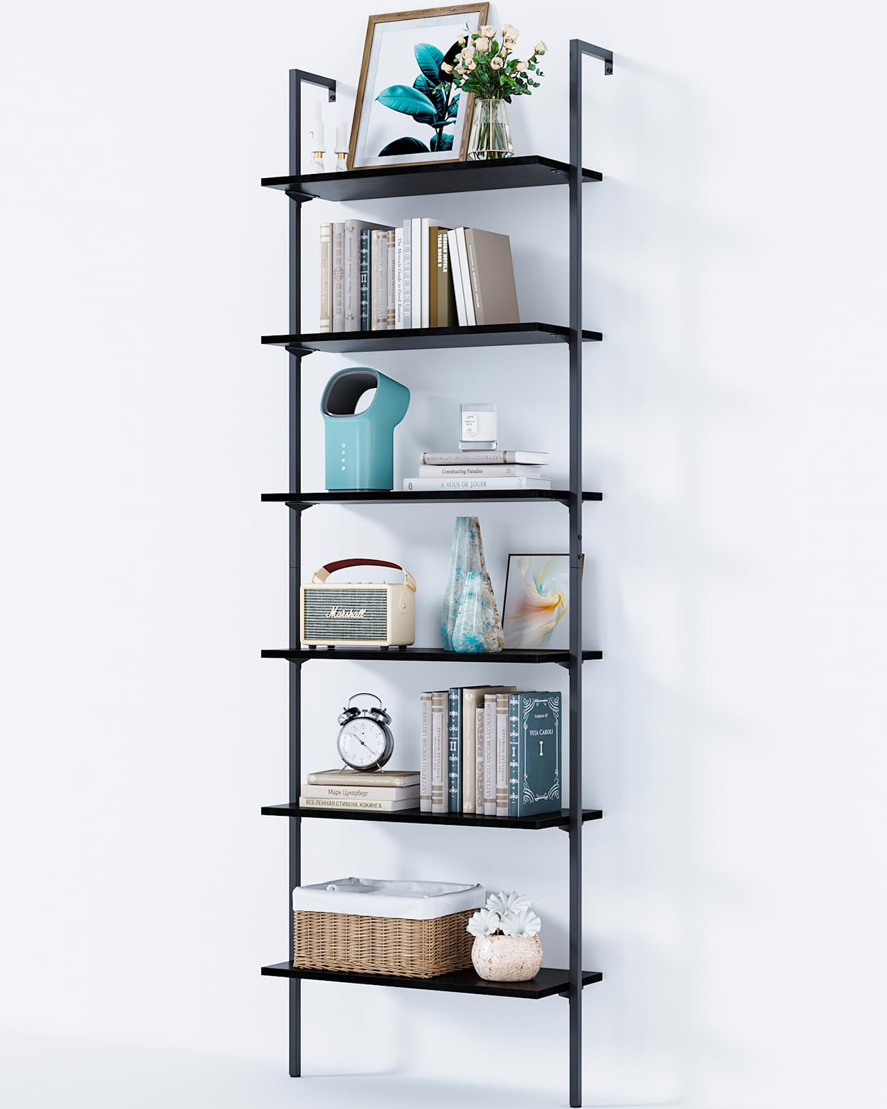 ODK 6-Tier Ladder Shelf - 87 Inch Tall Wall Mounted Industrial Bookshelf with Sturdy Metal Frame, Open Storage Shelves for Home Office, Bedroom & Living Room - Black (Perfect for Displaying Books, Decor & Organizing Small Spaces)