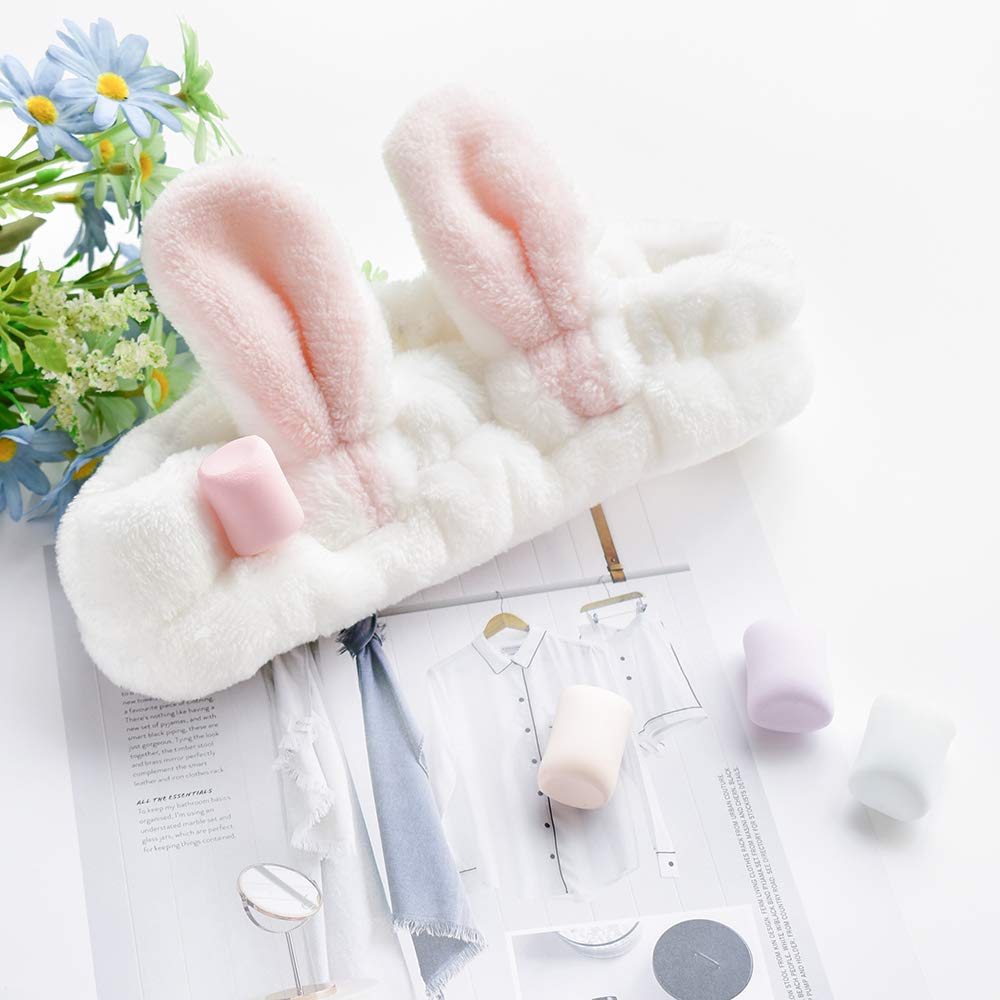 Cute Animal Ears Headbands with Fluffy Ball - Soft Coral Fleece Elastic Hair Band for Women - Pack of 3 - Perfect for Washing Face, Makeup, Skincare and Cosplay Costume Accessories