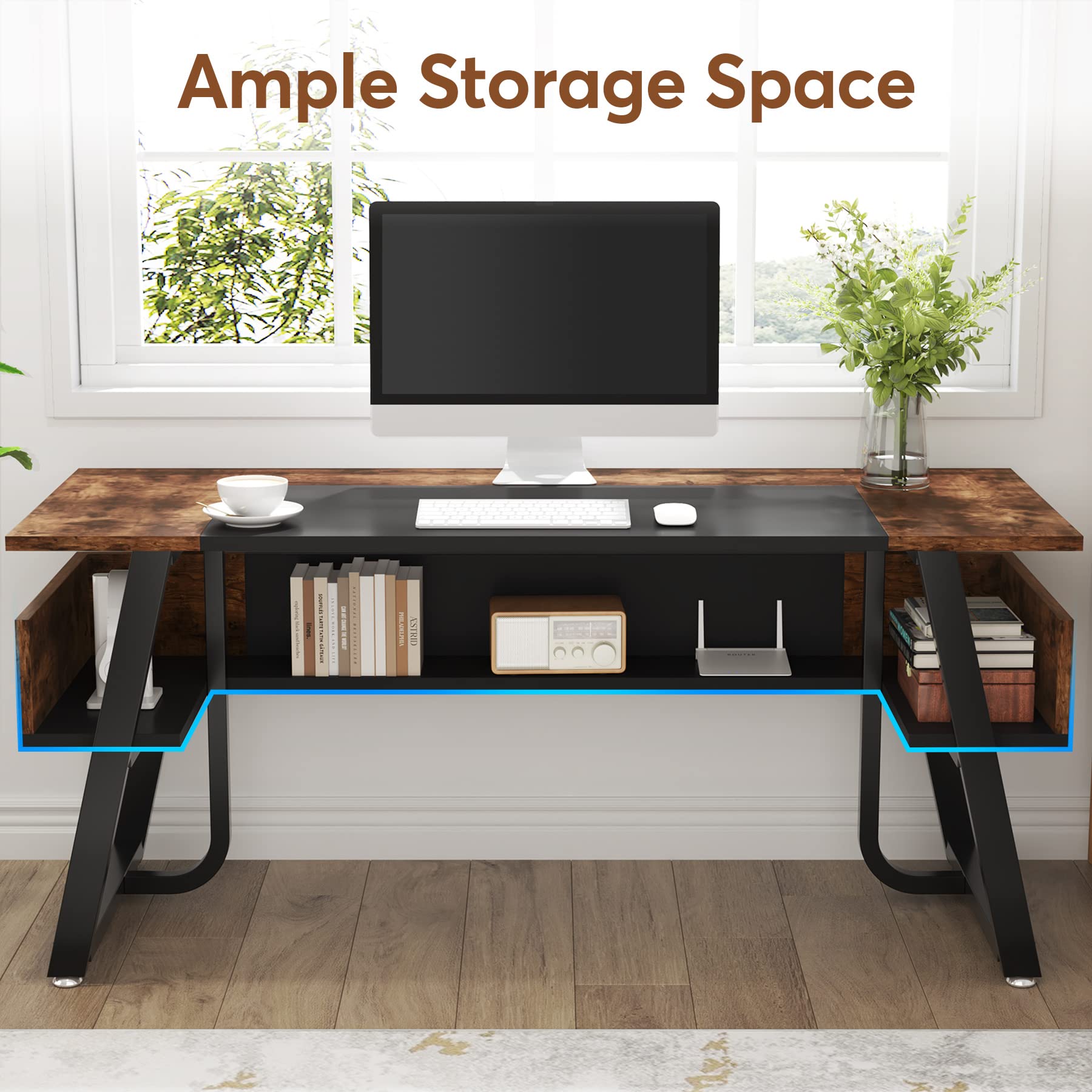 Tribesigns 63 Inch Modern Computer Desk with Storage Shelf - Sturdy Wooden Office Desk with Metal Frame for Home Office, Study, Bedroom | Large Writing Table & Business Workstation (Black Brown) - Perfect for Remote Work, Gaming, and Small Spaces