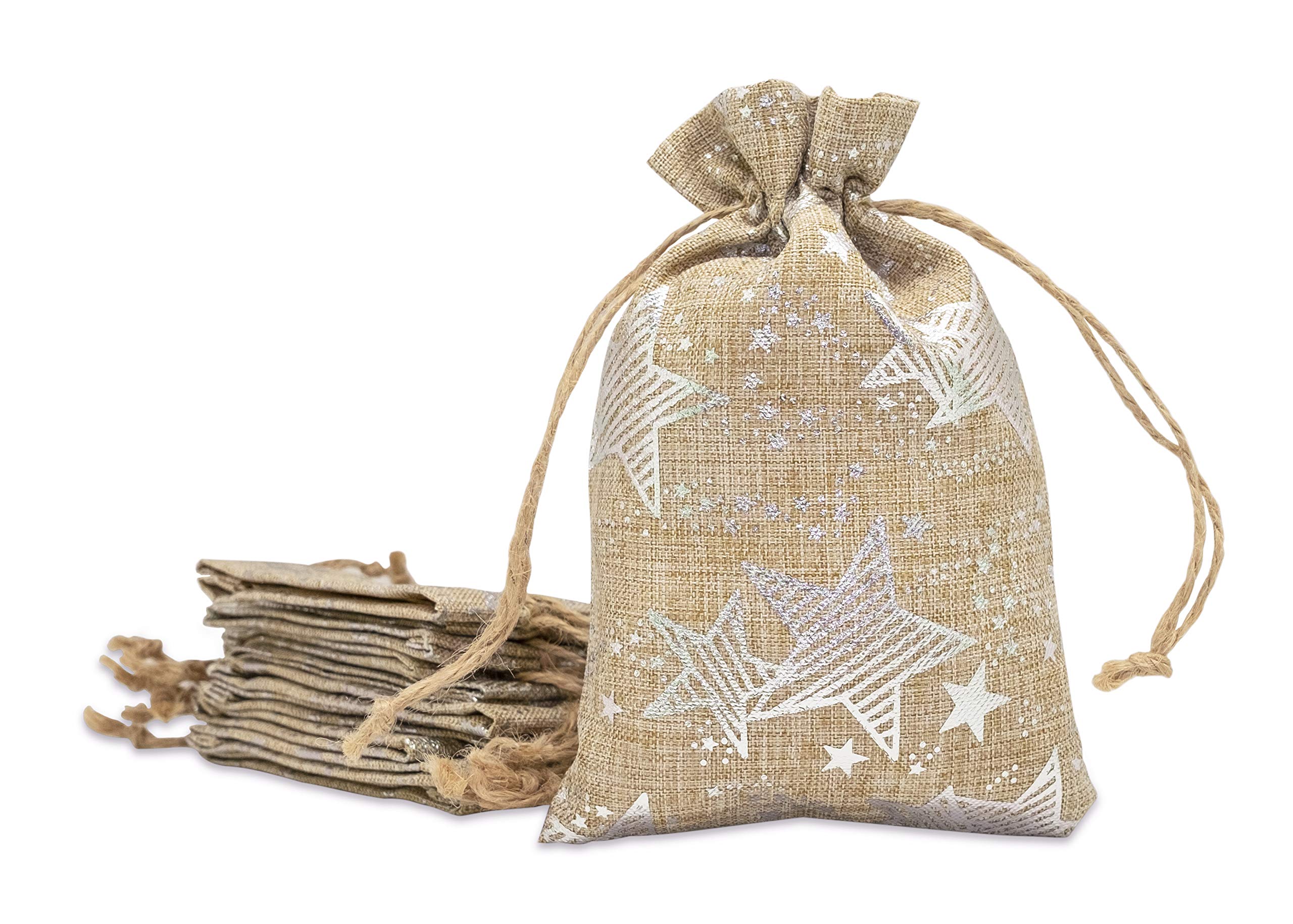 12-Pack 8x10 Inch Jute Burlap Drawstring Gift Bags - Natural Linen Canvas Party Favors for Wedding, Birthday, Baby Shower & Holiday Presents - Silver Star Design (Large Size) by TheDisplayGuys - Perfect for DIY Crafts, Sample Packaging & Elegant Gift Wrapping