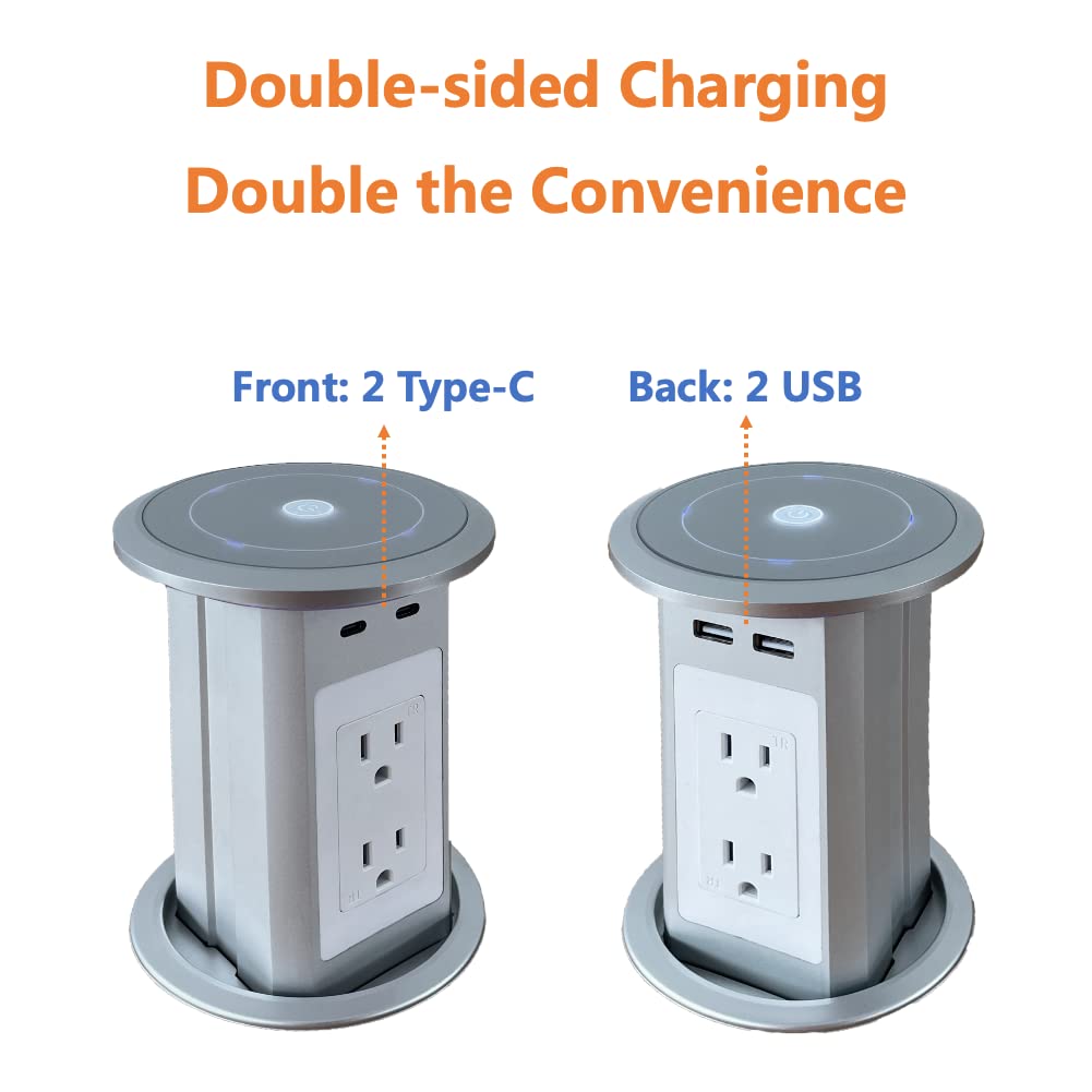 ZESHAN Pop Up Outlet with Wireless Charger - 4 AC Outlets & 2 USB C Ports - 1.8M Extension Cord for Kitchen Countertop, Office Desk, Bedroom - Smart Space-Saving Power Strip (Silver)