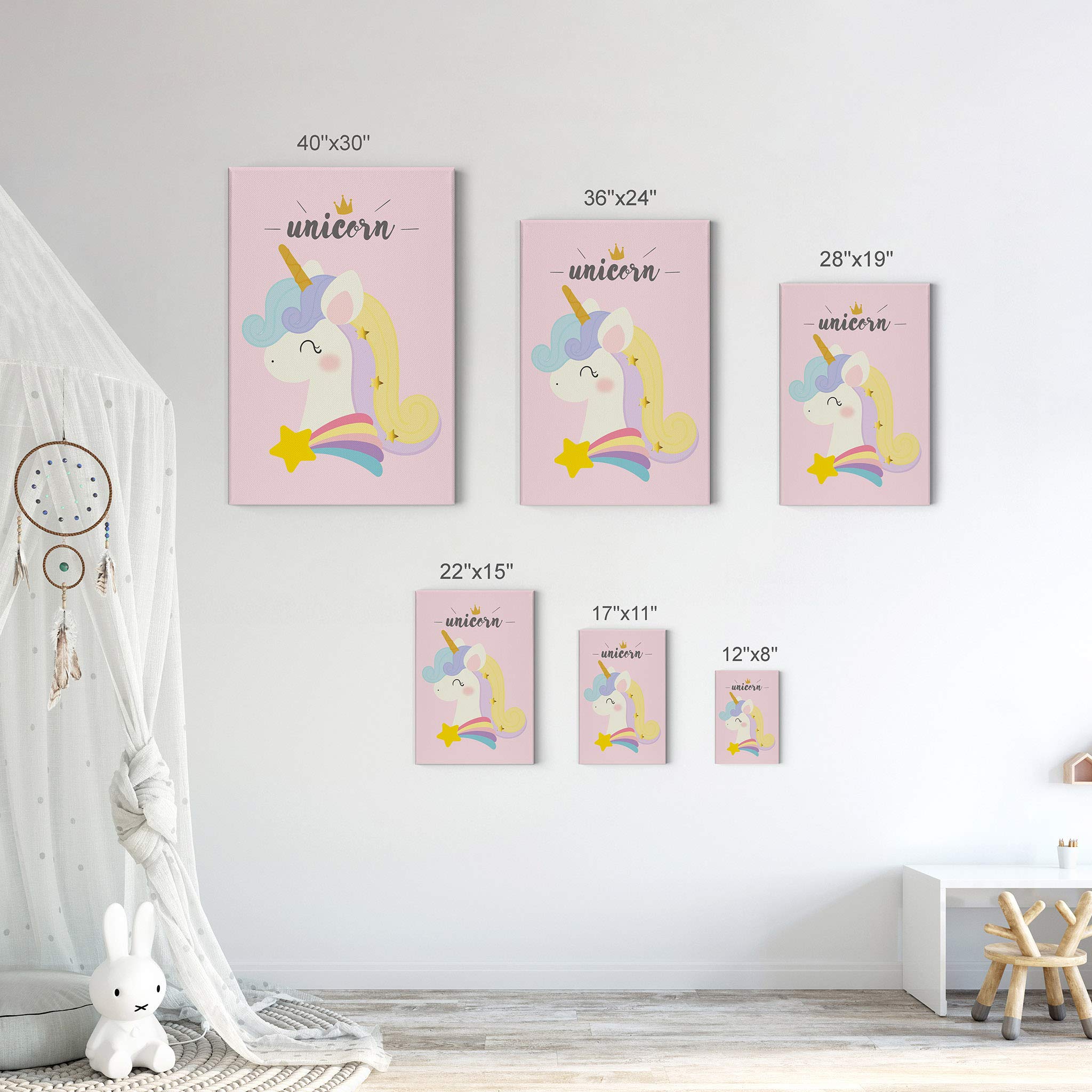 Smile Art Design Cute Unicorn Rainbow Wall Art - Pink Background Canvas Print 12x8 Inch - Kids Room Decor, Nursery Wall Decor, Baby Girl Gift - Ready to Hang Made in USA - Perfect for Birthday Presents & Bedroom Decoration