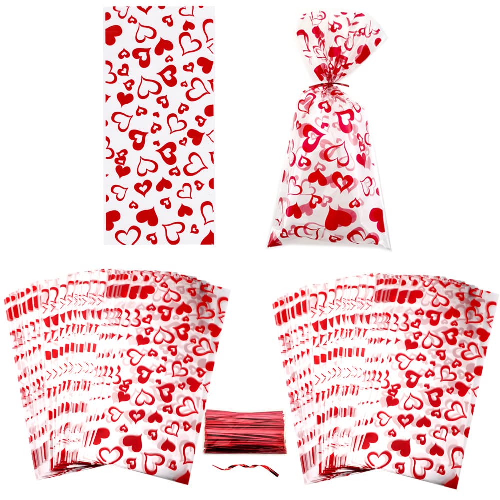 100 PCS Red Heart Cellophane Bags - Valentine's Day Party Favor Bags, Cookie & Candy Bags for Birthday, Wedding, Baby Shower Gift Packaging - Perfect for Party Decorations and Sweet Treats
