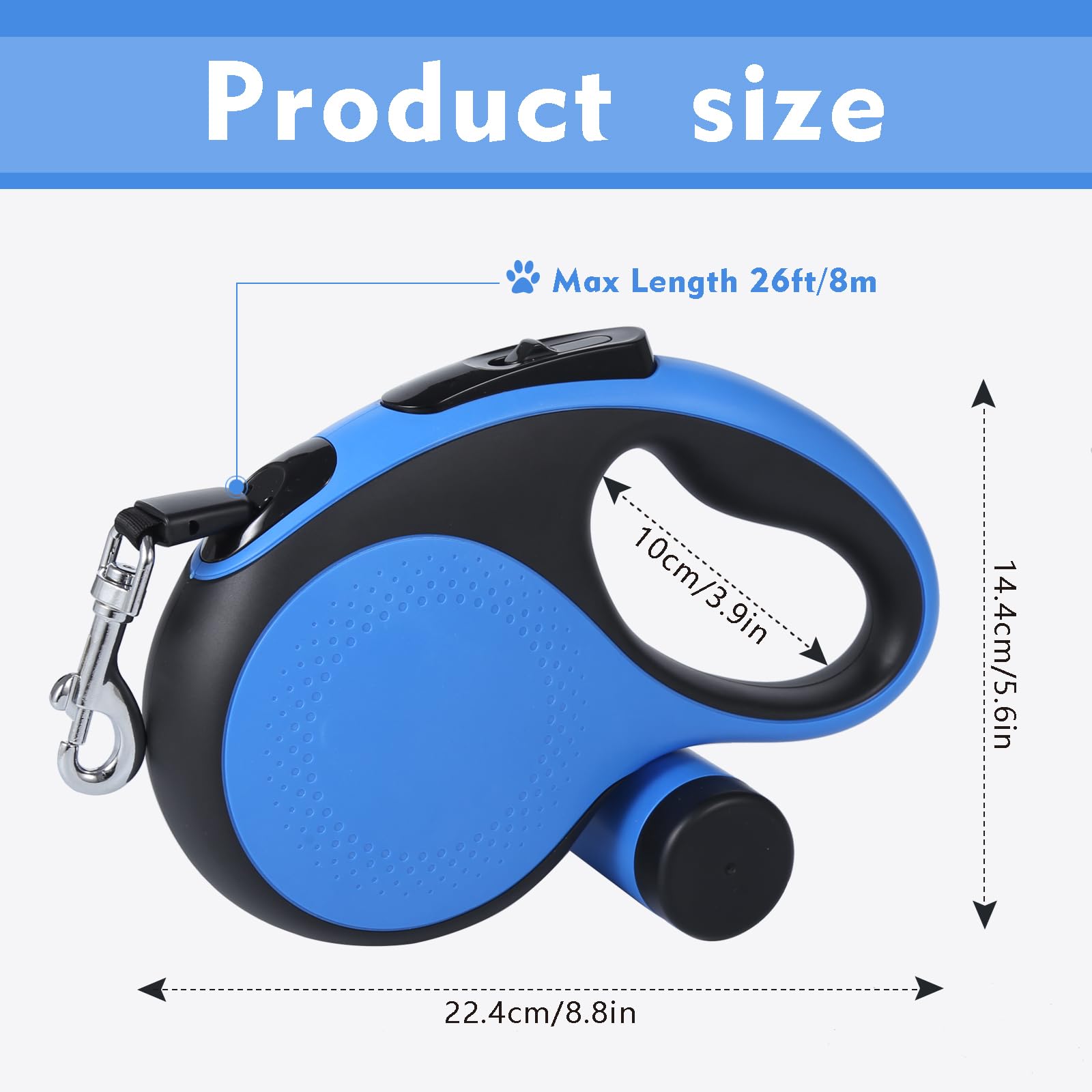 26Ft Retractable Dog Leash with Chew Proof Cable - Heavy Duty Nylon Tape Leash for Medium to Large Dogs up to 110lbs - Tangle-Free Design with One-Handed Brake & Removable Poop Bag Dispenser - Perfect for Walking, Running, Hiking and Outdoor Adventures (Blue)