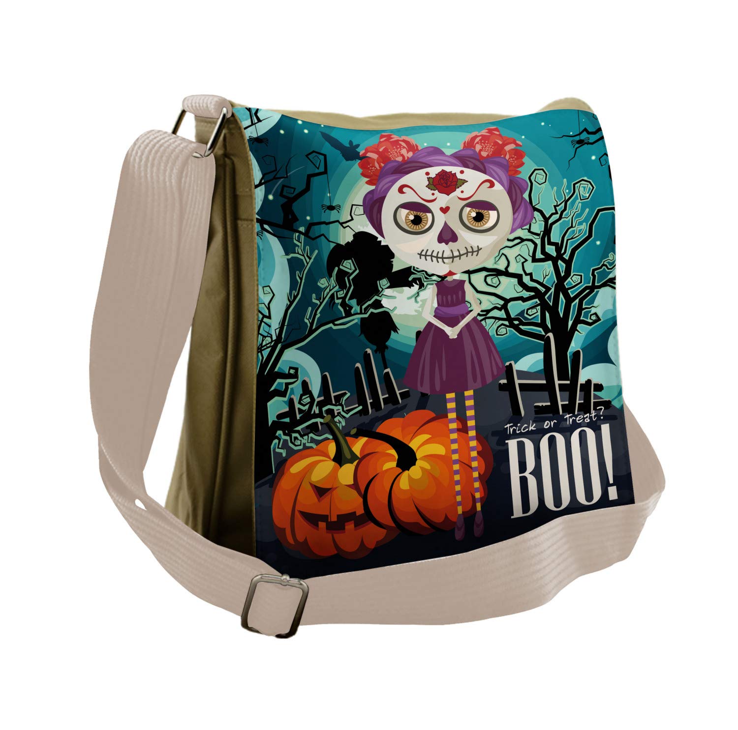 Lunarable Halloween Messenger Bag - Sugar Skull Makeup Design Unisex Crossbody Purse for Women & Men | Perfect for Trick-or-Treating, Cosplay & Day of the Dead Celebrations