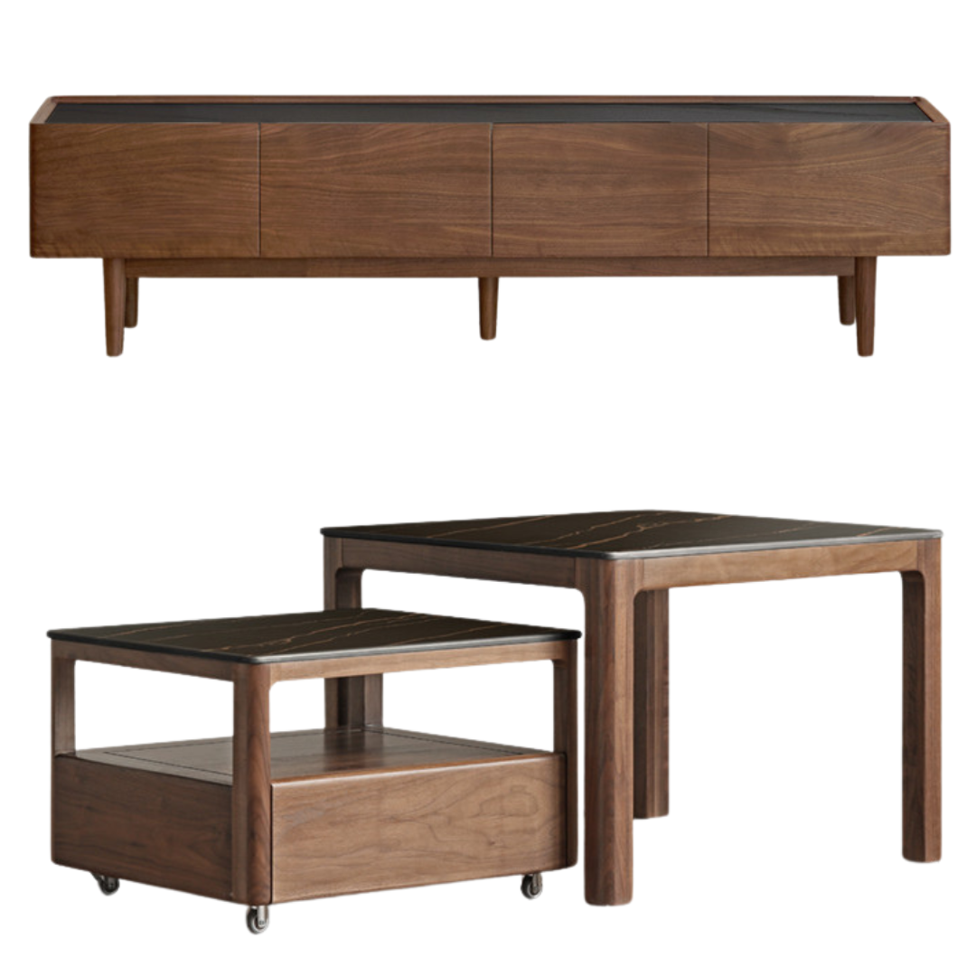Modern Black Walnut Solid Wood TV Stand with Slate Top - Perfect for Living Room, Home Theater & Entertainment Center Storage