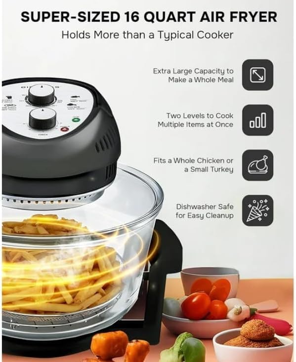 16Qt Air Fryer Toaster Oven Combo - 1300W Countertop Convection Oven with Rotisserie & Large Glass Bowl - Perfect for Baking, Roasting, Air Frying - Black (Ideal for Small Kitchens, Dorms, Apartments)