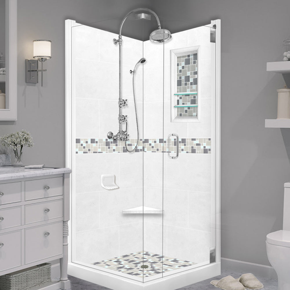 DIY Shower Remodel Kit - Natural Buff Sistine Stone & Newport Mosaic Accent Tiles for Bathroom Corner Upgrade | Waterproof & Easy Installation for Shower Walls, Backsplash, and Bathroom Renovation