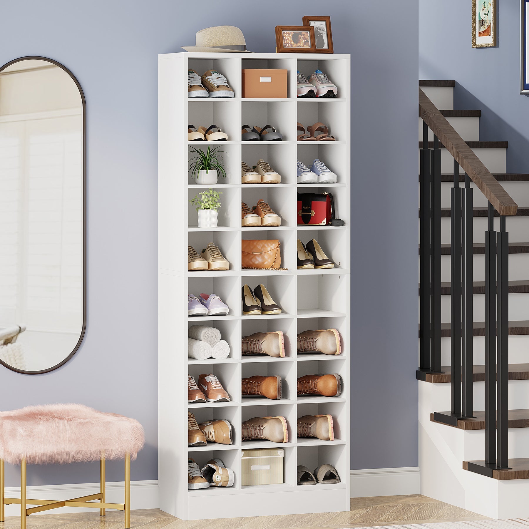 10-Tier Wooden Shoe Storage Cabinet with 30 Cubbies - Space Saving Shoe Organizer for Entryway, Closet & Bedroom - Perfect for Sneakers, Heels & Boots
