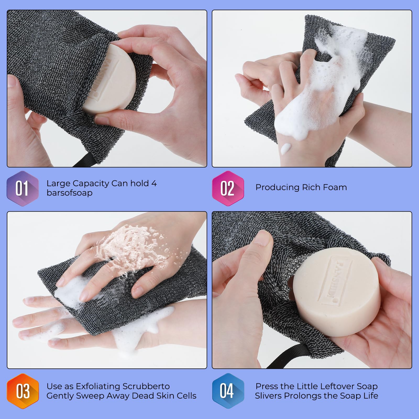 Exfoliating Soap Bag for Bar Soap - 4 Pack Soap Saver Pouch with Body Scrubber Sponge, Exfoliator for Shower & Bath - Reusable Mesh Pouch for Large Soap Bars or Leftover Bits (Grey, Blue, Pink, Black) - Perfect for Travel, Camping & Eco-Friendly Bath Routine