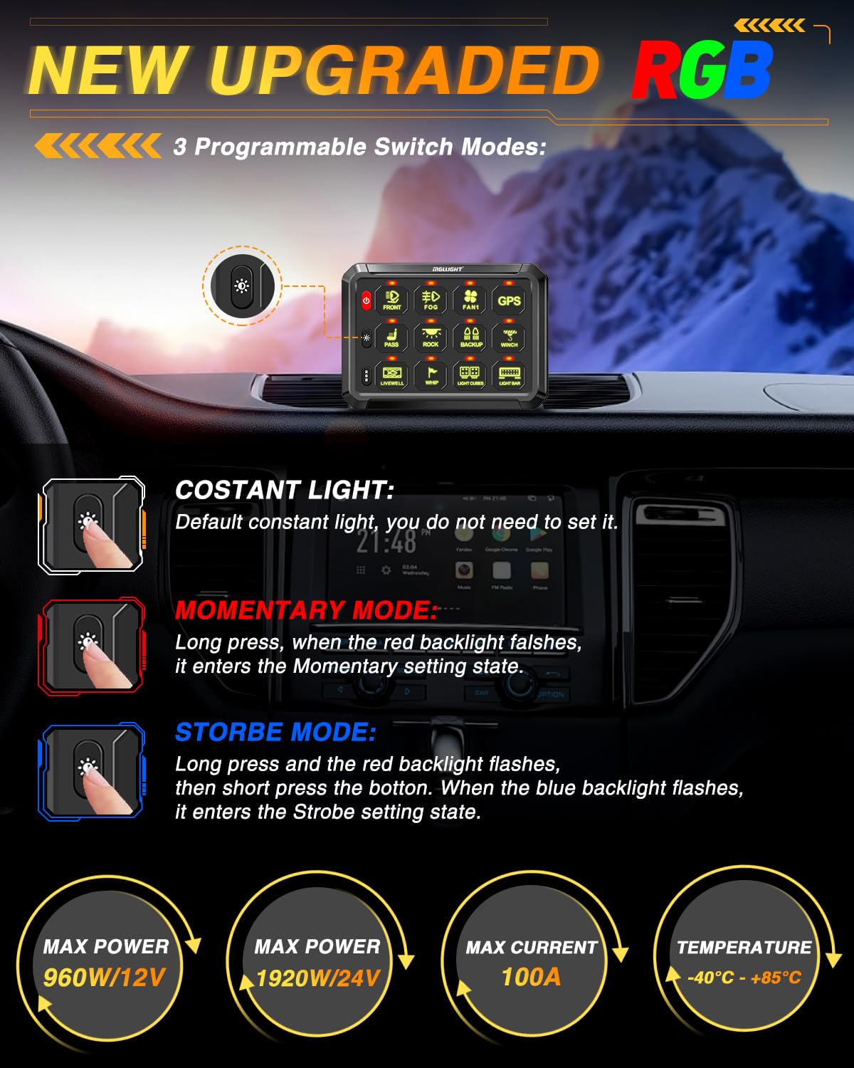 12 Gang RGB Bluetooth Switch Panel with Strobe & Momentary Toggle - Universal Control Box for Offroad, Boat, SUV, Camper Van, RV, ATV & Construction Vehicles | Perfect for Lighting, Audio & Accessory Control