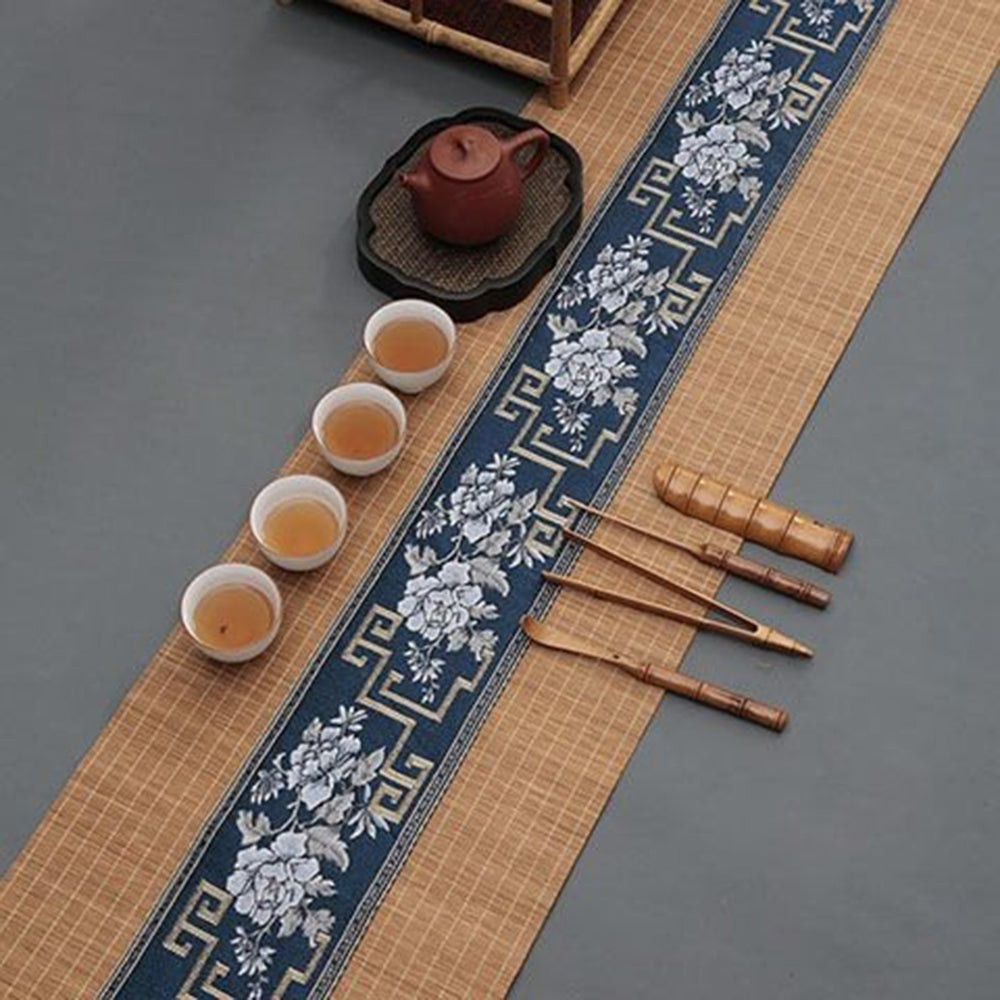 Eco-Friendly Bamboo Blue Embroidery Tea Table Mat - Handmade Placemat for Hot Pots, Tea Ceremony & Dining Table Decor - Perfect for Home, Kitchen and Gift Giving