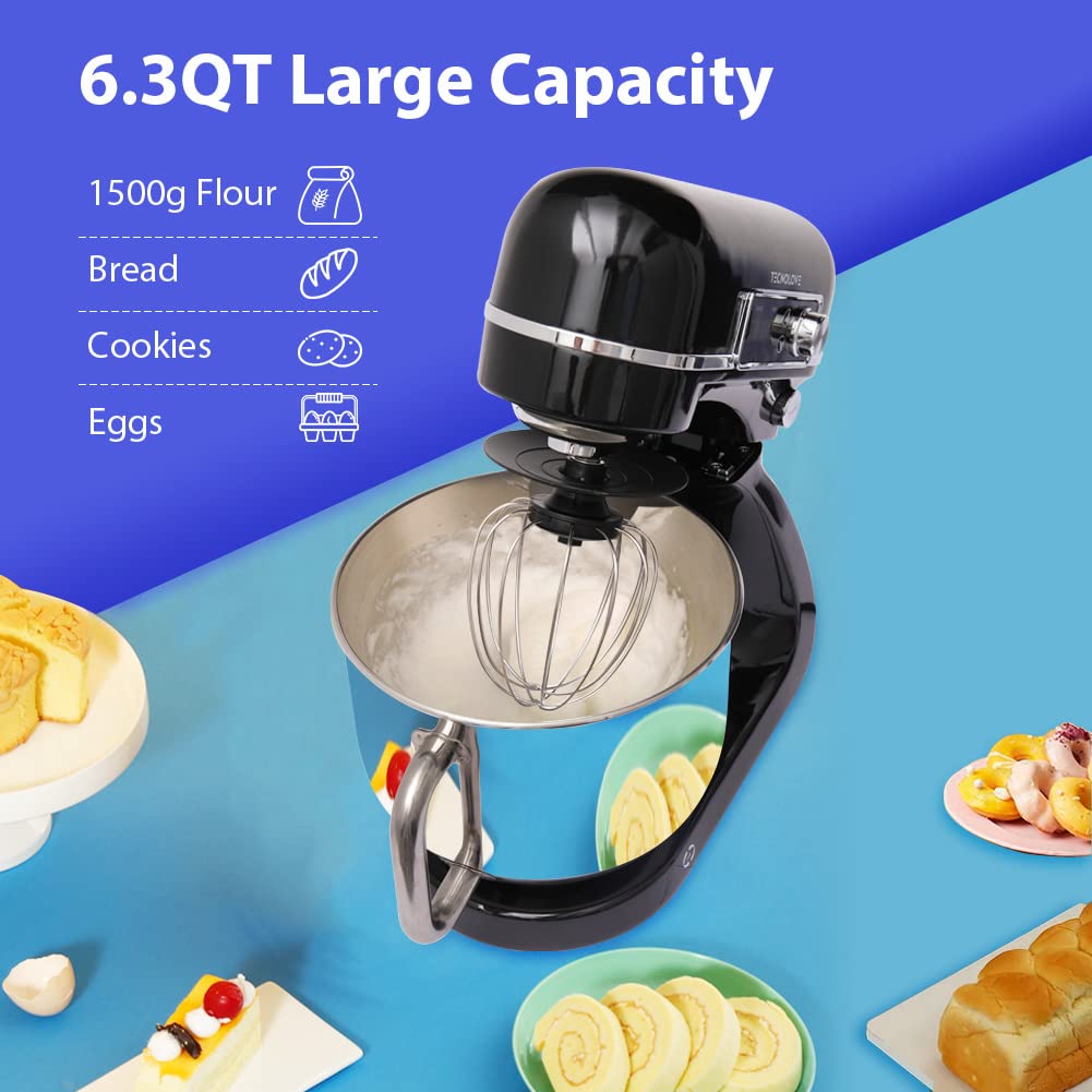 **6.3 Quart Stand Mixer with 300W DC Motor - 12 Speeds, Planetary Action, Digital Timer & Stainless Steel Bowl - Includes Dough Hook, Flat Beater, Whisk & Splash Guard (Black) - Perfect for Baking Bread, Cakes, Cookies & More**