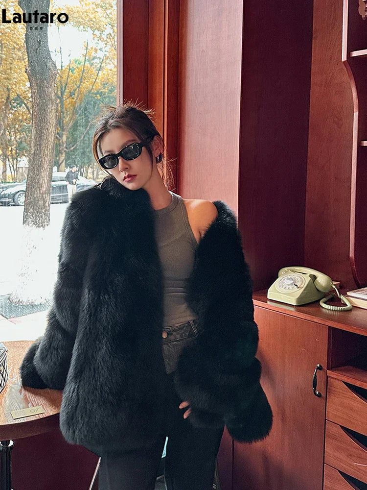 2024 Women's Luxury Black Faux Fox Fur Coat - Thick Warm Soft Shaggy Fluffy Jacket with Stand Collar for Autumn Winter | Perfect for Cold Weather, Outdoor Activities & Fashion Statement