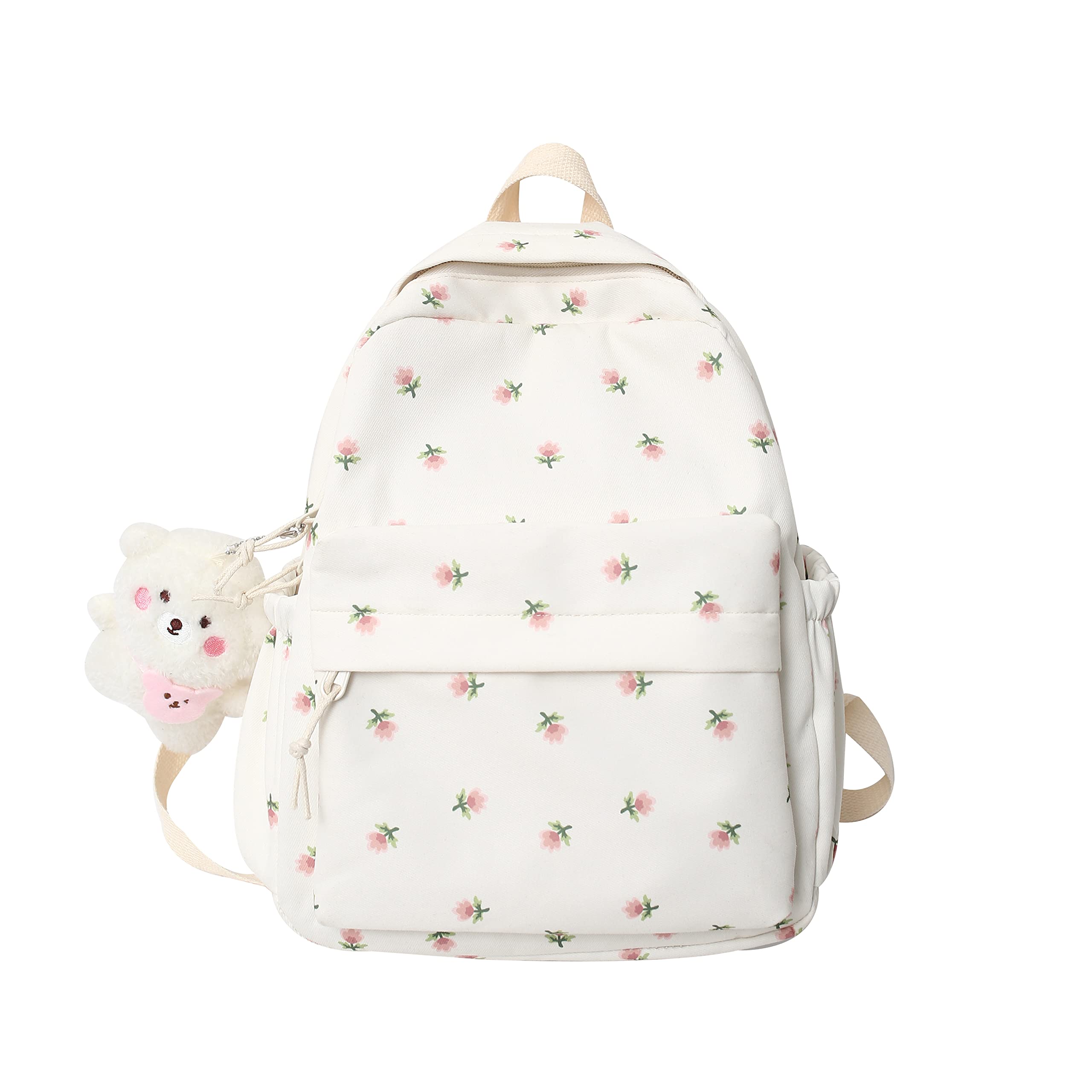 Kawaii Floral Backpack with Pendant - 12.2 Inch Cute Aesthetic Medium School Bag for Women & Teens (White) - Perfect for School, Travel & Everyday Use