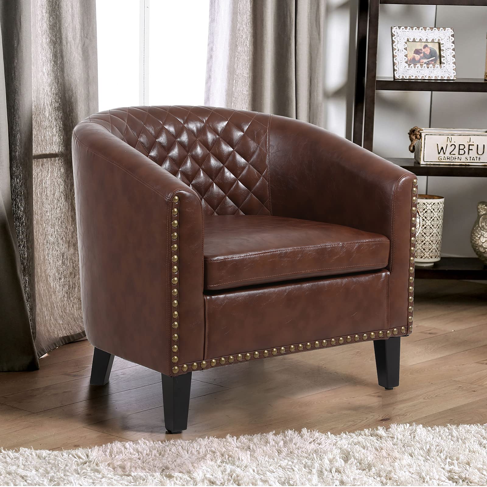 Modern Accent Barrel Chair - PU Leather Rhombus Armchair with Nailhead Trim & Wooden Legs, Mid-Century Club Side Chair for Living Room, Bedroom, Home Office - Perfect for Reading Nook, Lounge Area & Cozy Corner (Brown)