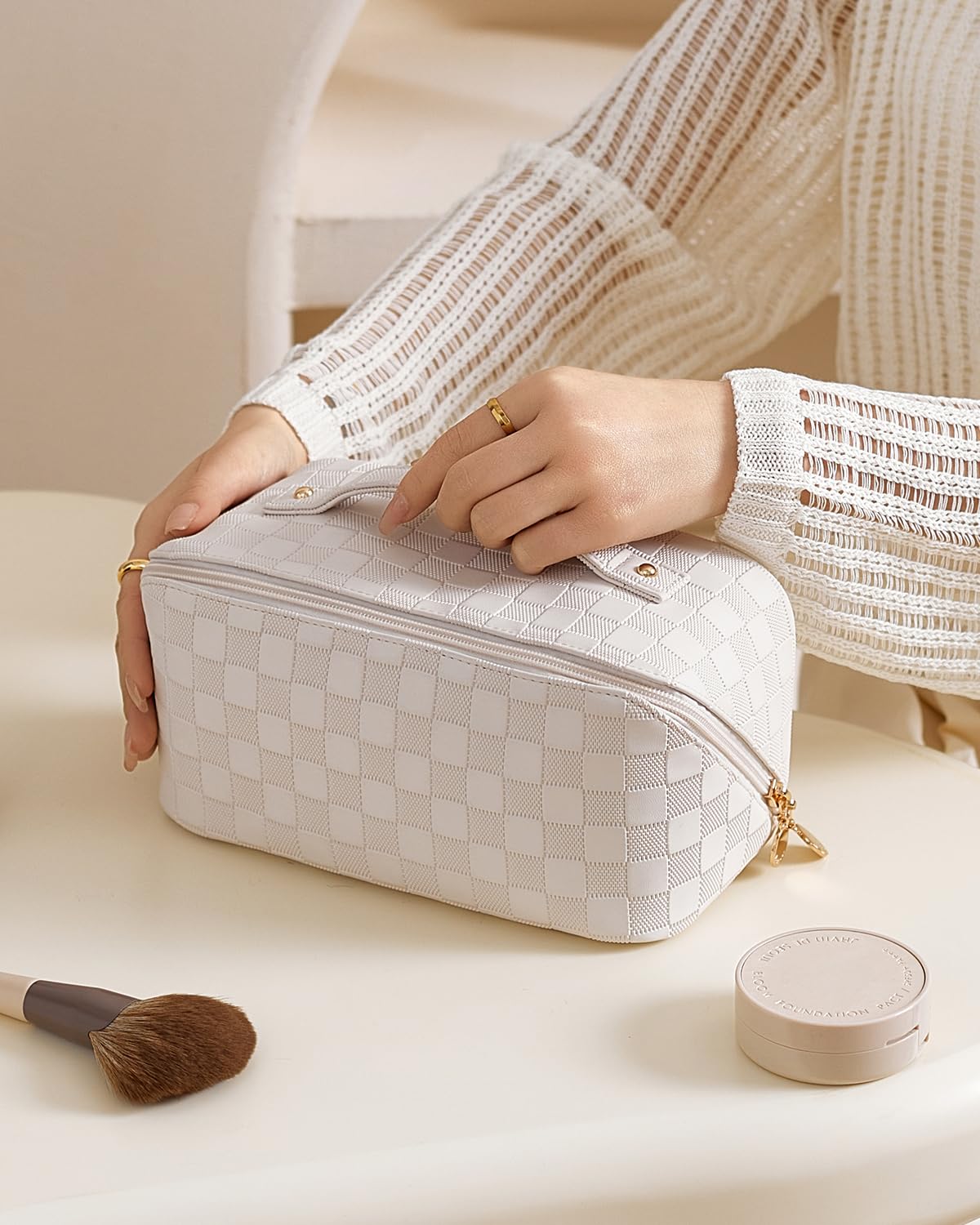 EACHY Large Waterproof Travel Makeup Bag for Women - Portable Cosmetic Organizer with Divider & Handle, Open Flat Toiletry Pouch - Perfect for Air Travel, Gym, Beach & Daily Essentials Storage