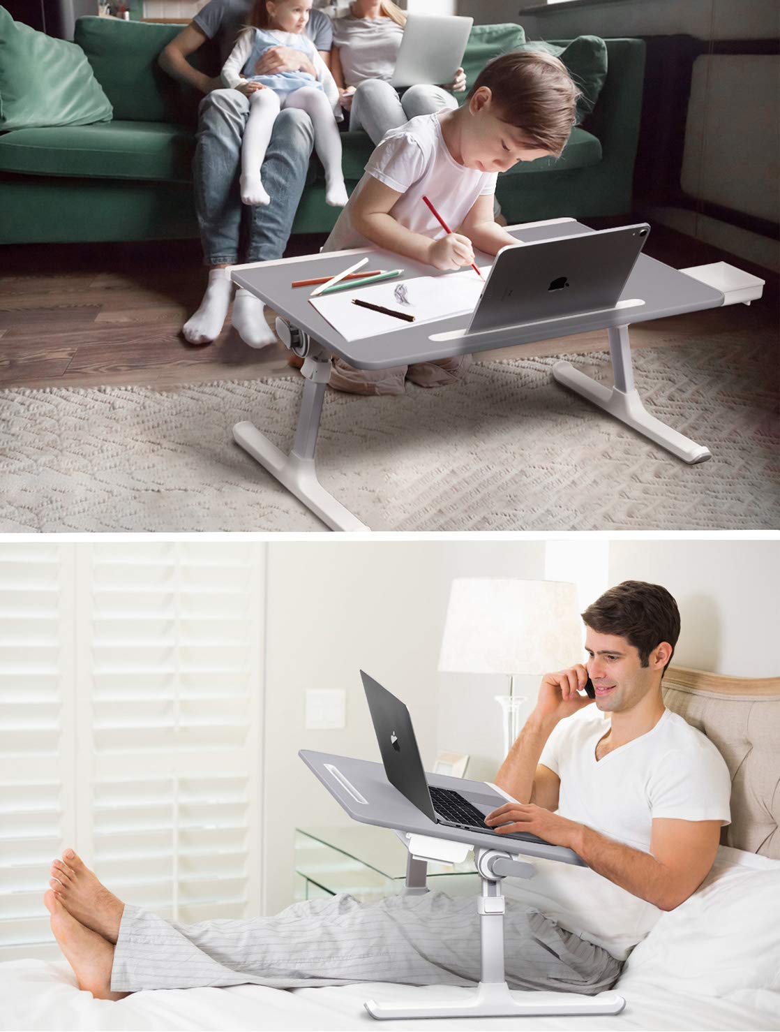 SAIJI Adjustable Laptop Bed Tray Desk - Foldable Laptop Stand with Storage Drawer for Working, Studying, Gaming & Eating - Portable Bed Table for Home Office, Dorm Room & Travel (Gray X-Large/Black Large)
