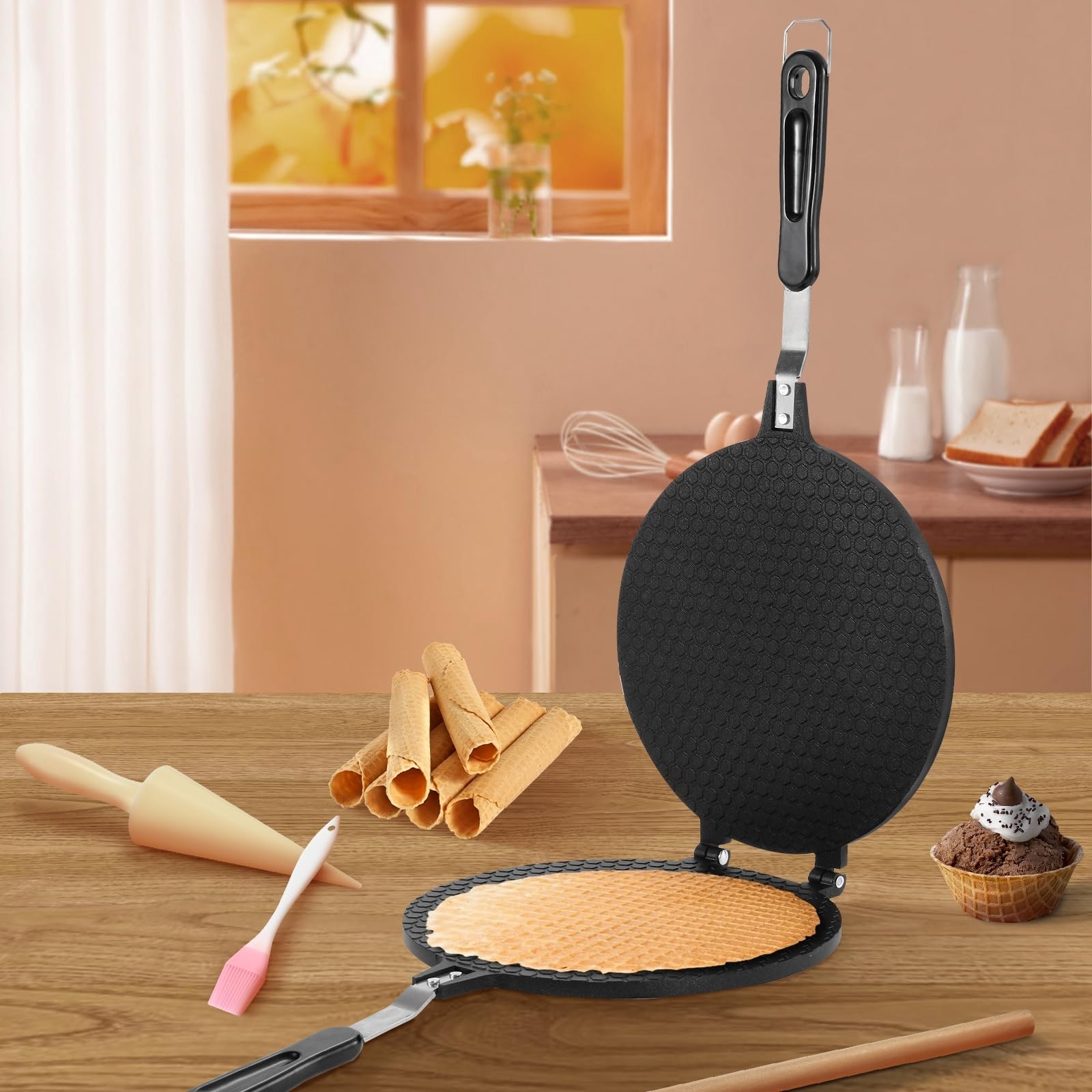 Dyna-Living Non-Stick Waffle Cone Maker - 8.66 Inch Aluminum Ice Cream Cone & Waffle Bowl Machine - Perfect for Homemade Crispy Cones, Egg Rolls & Dessert Bowls (Great for Parties, Ice Cream Shops & Home Baking)
