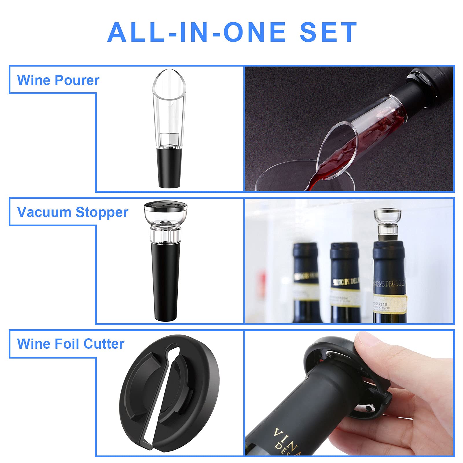 Rechargeable Electric Wine Opener Set - Automatic Cordless Wine Bottle Opener with USB Charging Cable, Foil Cutter, Vacuum Stopper & Wine Pourer | Perfect Wine Accessories Gift for Wine Lovers | Ideal for Home Bars, Dinner Parties & Wine Tasting Events