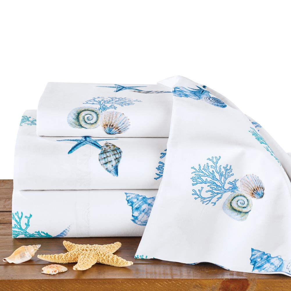 Seaside Style Seashell & Coral Cotton Bedding Set - White - Twin/Full/Queen/King Size - Includes Fitted Sheet, Flat Sheet & Pillowcases - Machine Washable - Perfect for Beach House, Coastal Decor & Summer Bedroom Themes