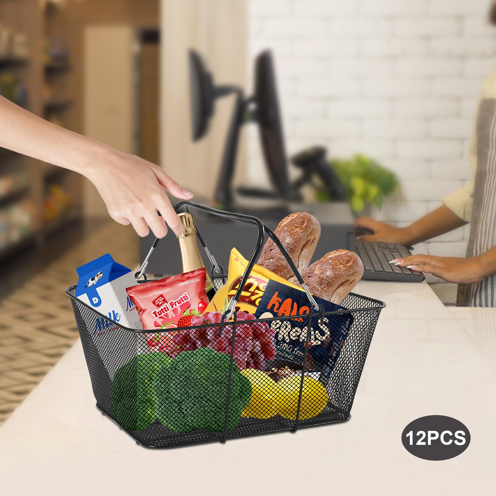 12-Piece 19L Black Wire Mesh Shopping Baskets with Handles - 15.7x12x7 Inches, 10kg/22lbs Capacity - Durable Iron Store Baskets for Supermarket, Retail, Bookstore - Perfect for Organizing Groceries, Books & Retail Merchandise