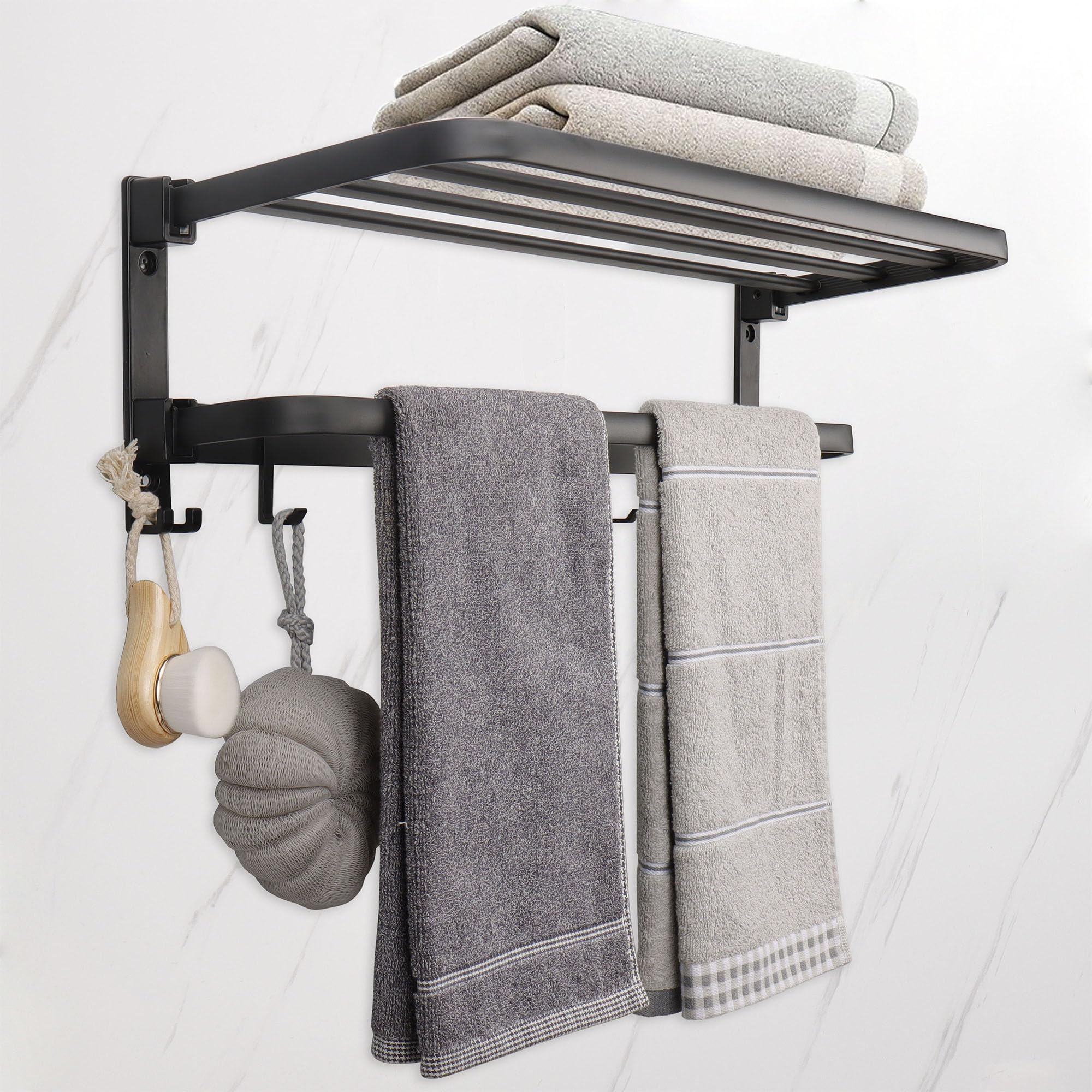 Foldable Stainless Steel Towel Rack for Bathroom - 24 Inch Double Towel Bars with 7 Hooks - Wall Mounted Space Saving Towel Holder - Perfect for Small Bathrooms, Laundry Rooms & Kitchen Towel Storage (Black)