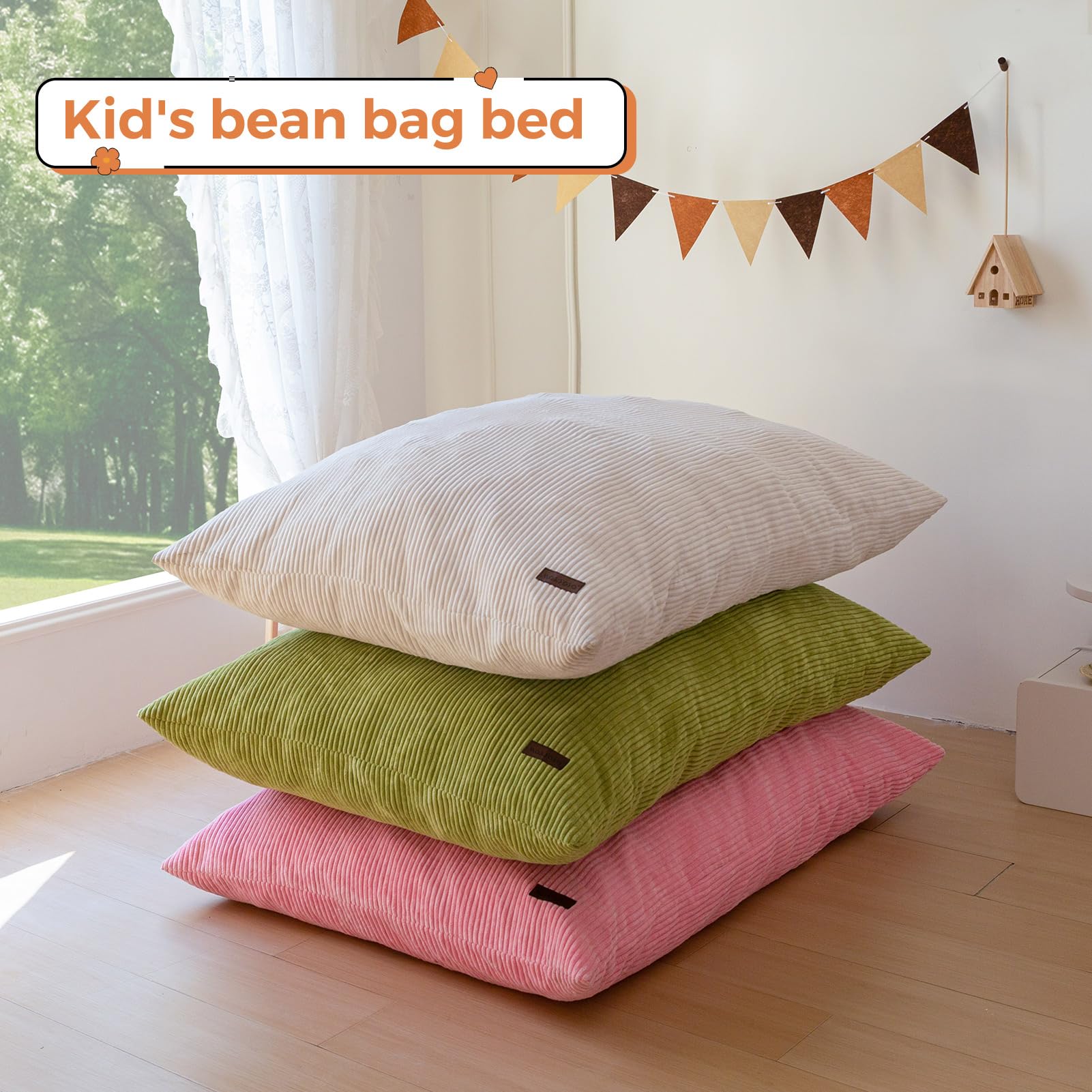 MAXYOYO 3-in-1 Convertible Kids Bean Bag Chair & Bed - Multi-Functional Floor Sofa for Children's Room, Gaming, Reading & Nap Time - Soft Beige Fabric for Comfort & Style