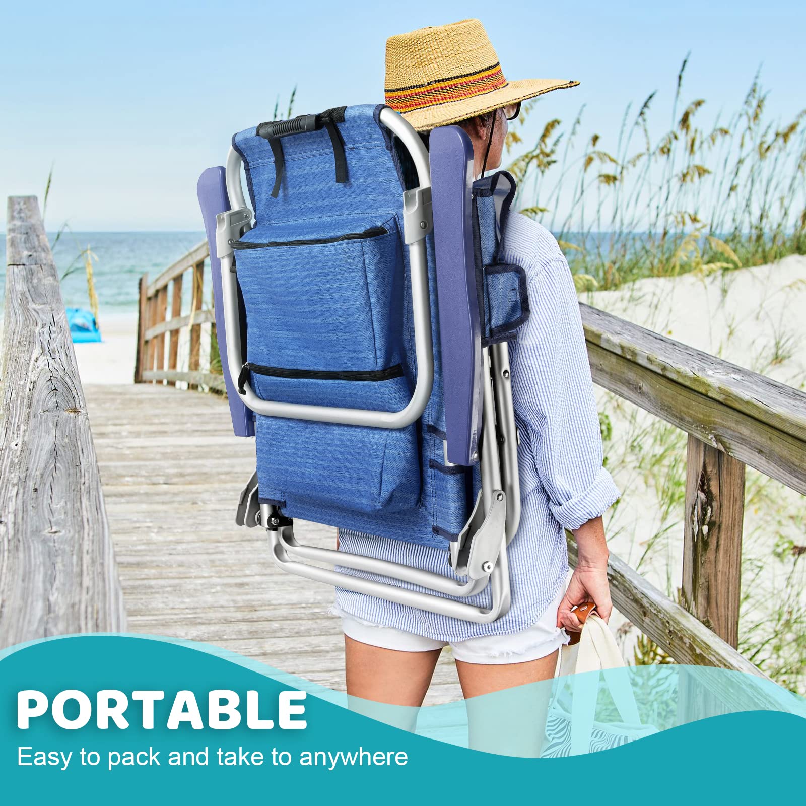 LEMBERI Heavy Duty Folding Beach Chair for Adults - Portable Camping Chair with Large Storage Pockets, Adjustable Cup Holder & Towel Rack - Perfect for Beach, Poolside, Picnics & Outdoor Travel (Navy Blue)