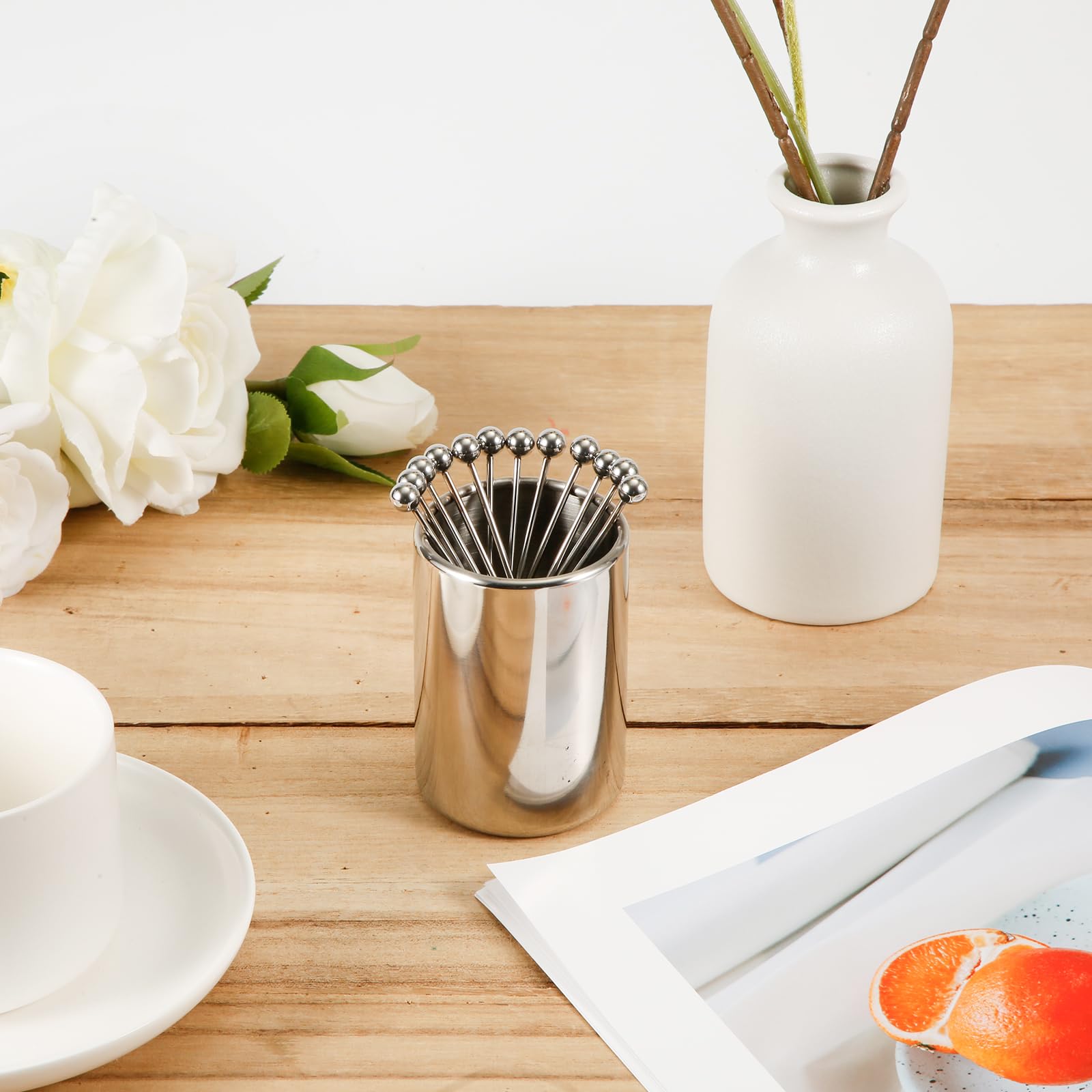 Stainless Steel Cocktail Picks Holder Set - 12 Reusable Metal Toothpicks for Appetizers, Sandwiches, BBQ & Cocktails | Perfect for Party Decor, Home Bar Accessories & Entertaining Guests
