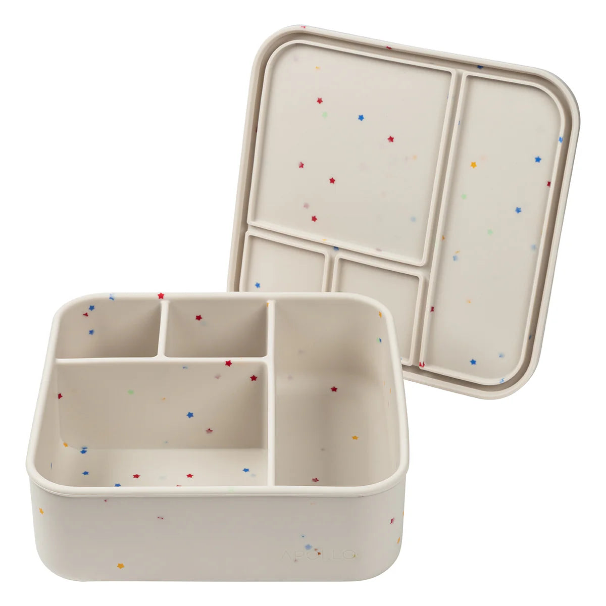 Apollo Silicone Bento Box 4 Compartment Lunch Container - Confetti Stars Design | Leak-Proof, Microwave & Dishwasher Safe | Perfect for Kids Lunch, Meal Prep & Office Snacks
