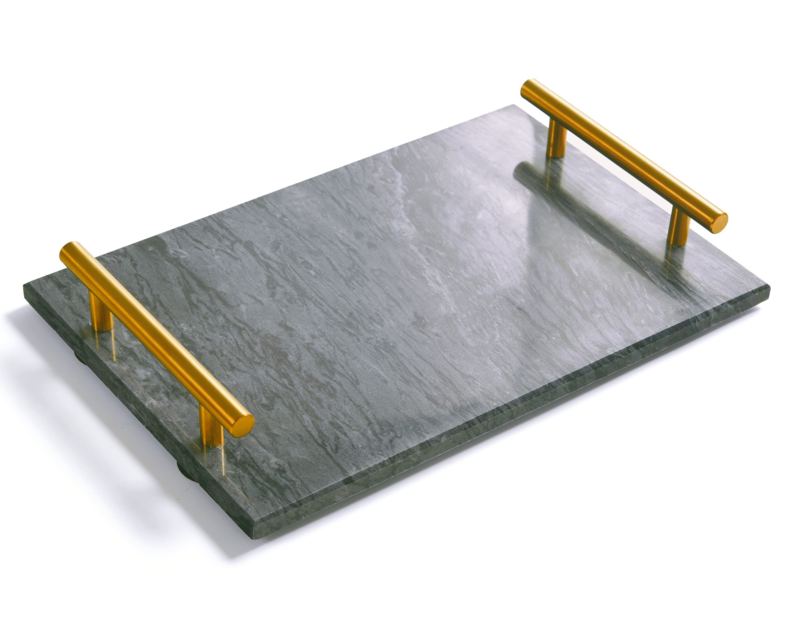 Natural Marble Tray with Gold Handle - Elegant Decorative Stone Tray for Bathroom, Kitchen, Vanity, Dresser & Nightstand - 11.8