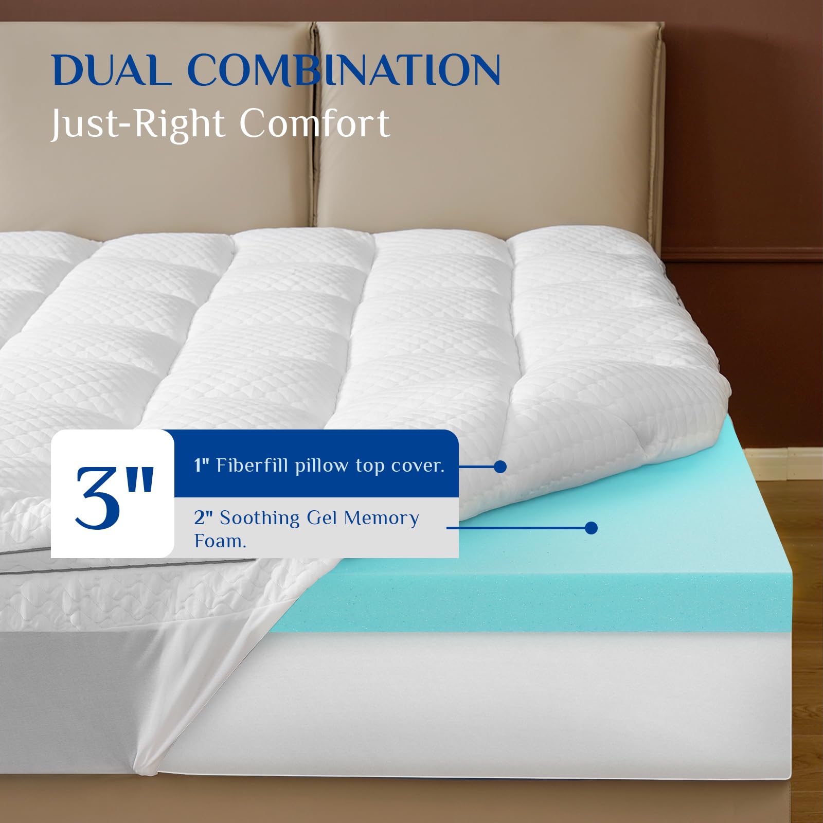 3 Inch Dual Layer Memory Foam Mattress Topper Twin XL Size - 2 Inch Cooling Gel & 1 Inch Pillow Top - Fits 8-21 Inch Deep Pocket Mattresses - Pressure Relief for Back, Side & Stomach Sleepers - Perfect for Dorm Rooms, Guest Beds & Home Comfort