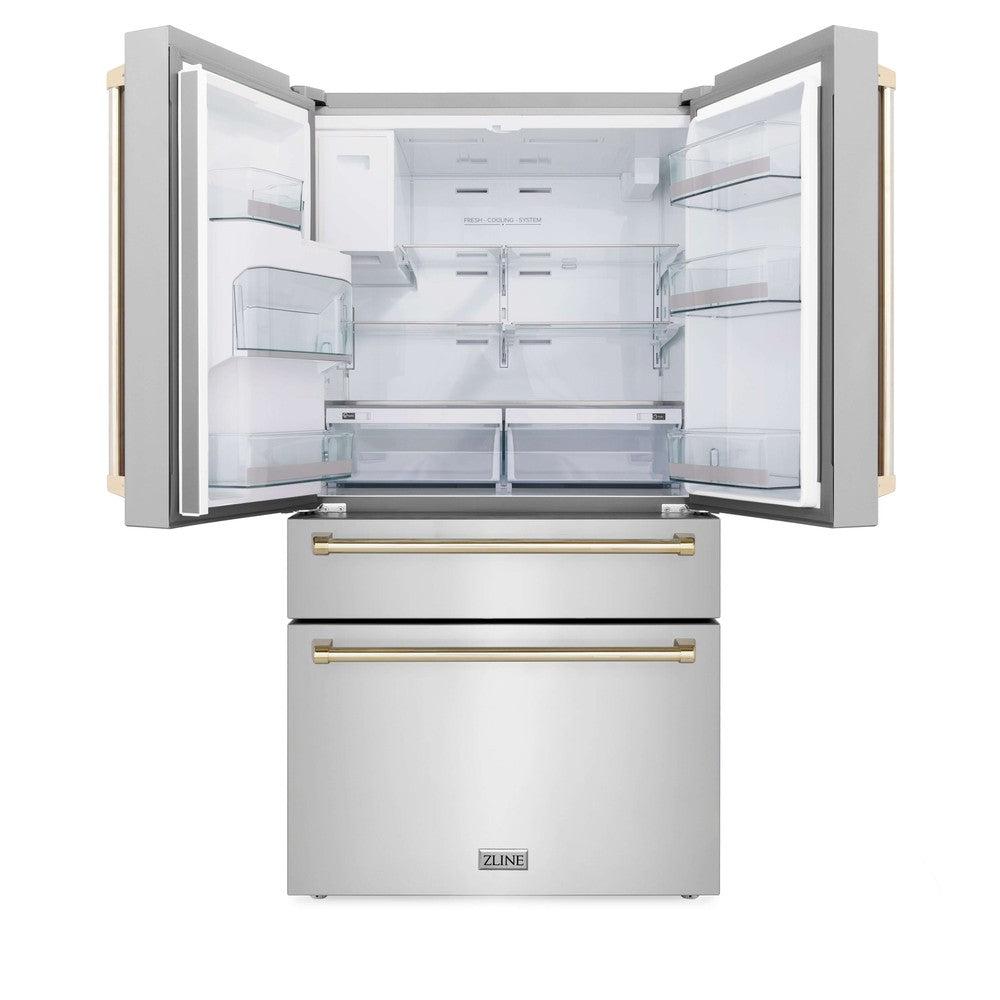 ZLINE Autograph Edition 36 Inch Counter Depth French Door Refrigerator - 21.6 cu ft Capacity, Fingerprint Resistant Stainless Steel with Polished Gold Handles, Built-in Water & Ice Dispenser (RFMZ W 36 G) - Perfect for Modern Kitchens, Entertaining & Luxury Home Appliances