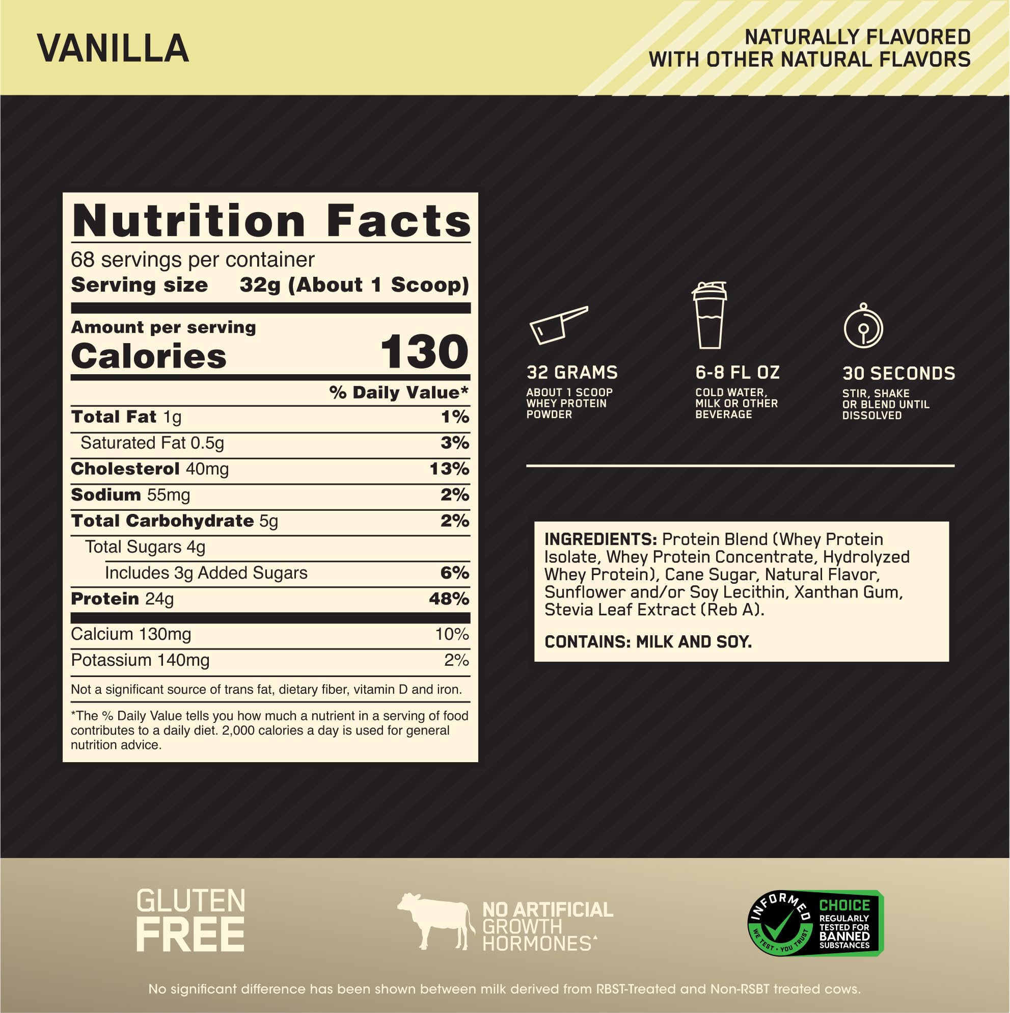 Optimum Nutrition Gold Standard 100% Whey Protein Powder - Vanilla Flavor, 5 lb (76.8 oz) - Naturally Flavored, High Quality Muscle Recovery Supplement for Post-Workout, Fitness & Bodybuilding - Packaging May Vary