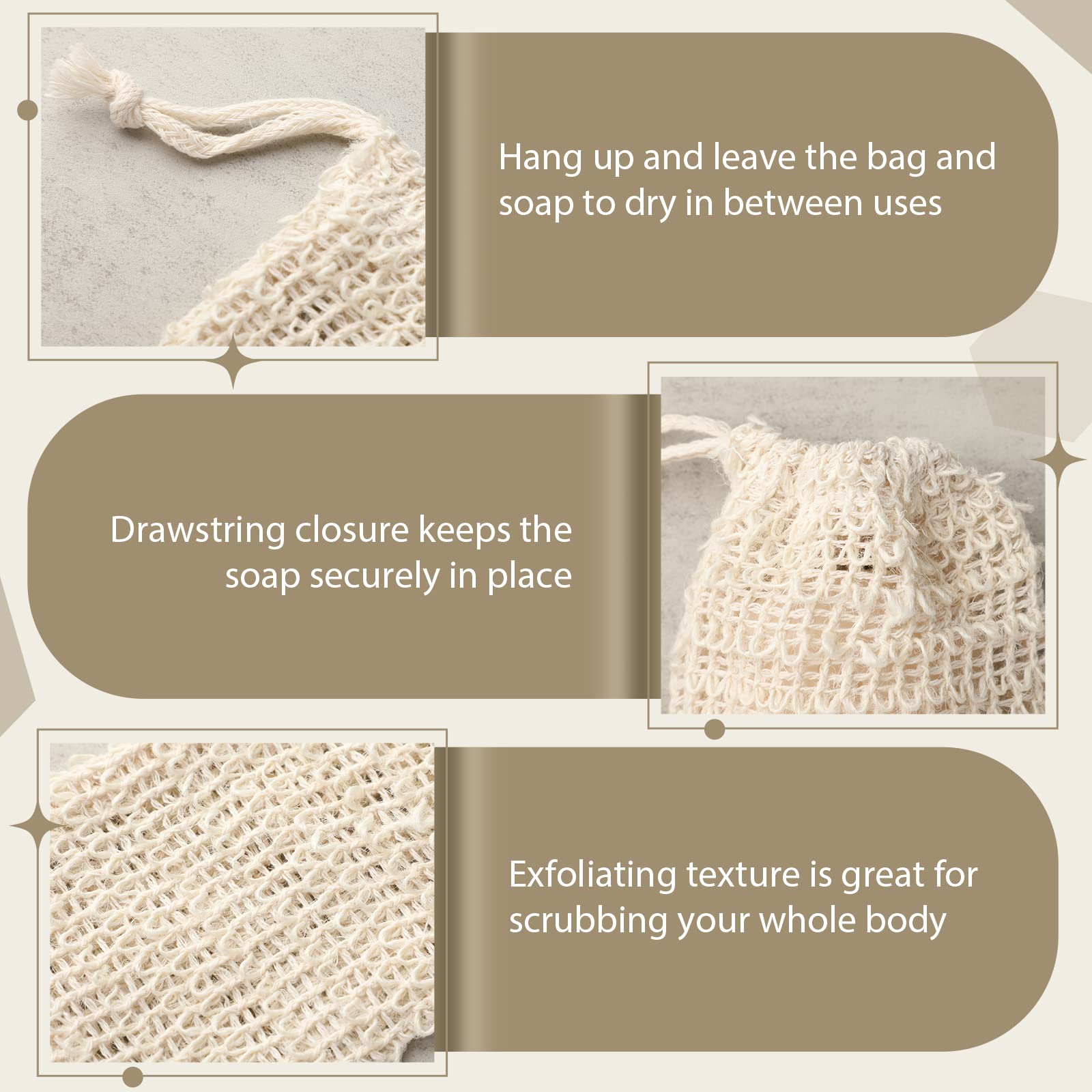Varku 100 PCS Natural Sisal Soap Saver Bags - Eco-Friendly Cotton-Linen Exfoliating Soap Pouches for Shower, Bath & Travel - Zero Waste Plastic-Free Soap Holder with Drawstring - Perfect for Gentle Exfoliation & Foaming Lather