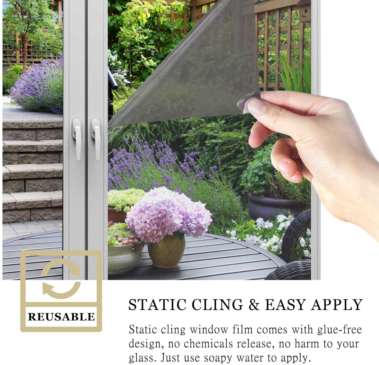 WochiTV One Way Window Film - Static Cling Reflective Privacy Tint for Home, Heat Control & UV Sun Blocking, Non-Adhesive Mirror Film (Blue Silver, 23.6
