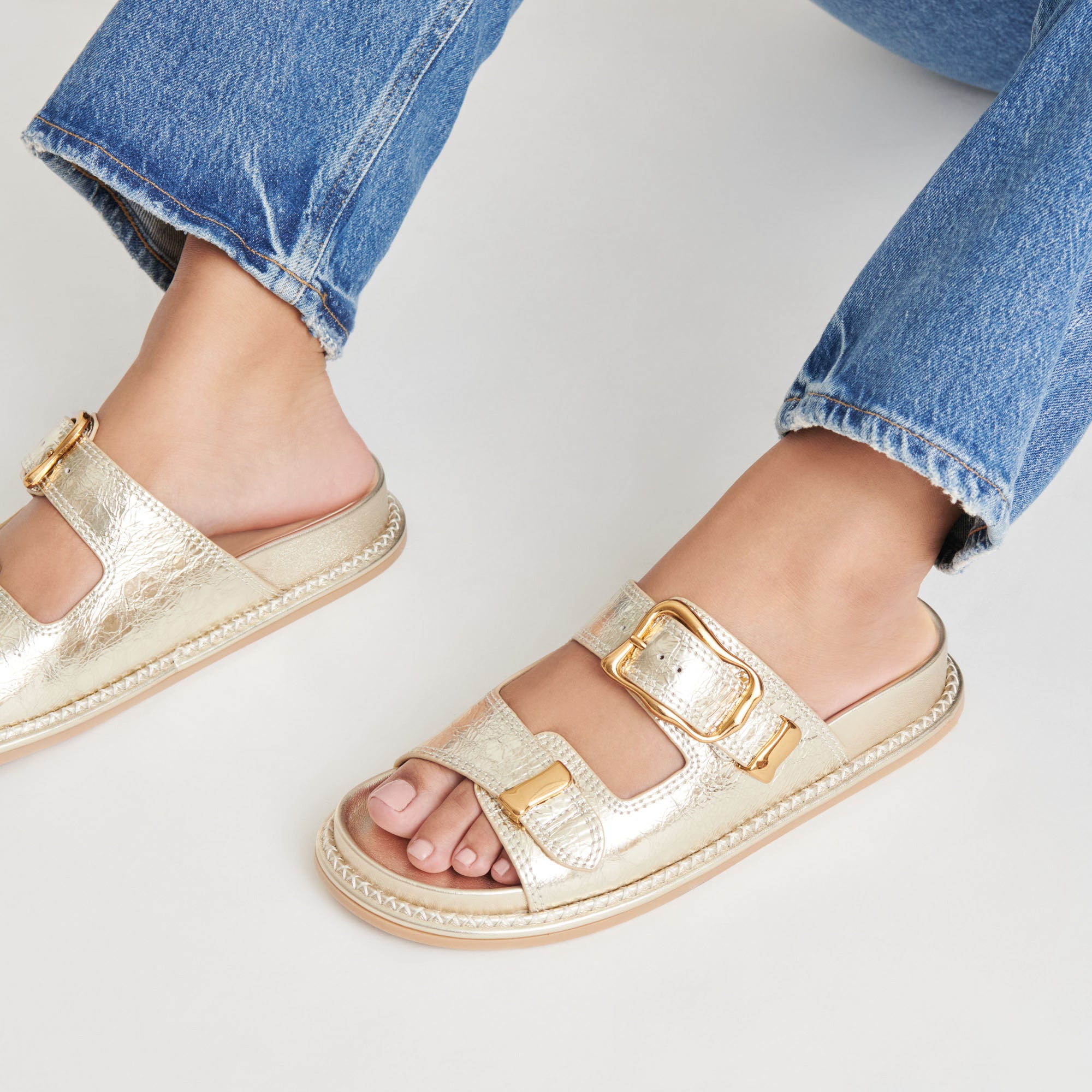 SEVANA Women's Light Gold Distressed Leather Sandals - Comfortable Casual Summer Shoes for Beach, Travel & Everyday Wear